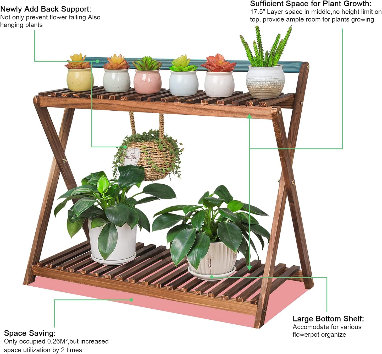 Indoor Plant Stand Shelf for Multiple Plants Hanging 2 Tier Wood | Outdoor Flower Pot Stand Holder with Planter Hanger