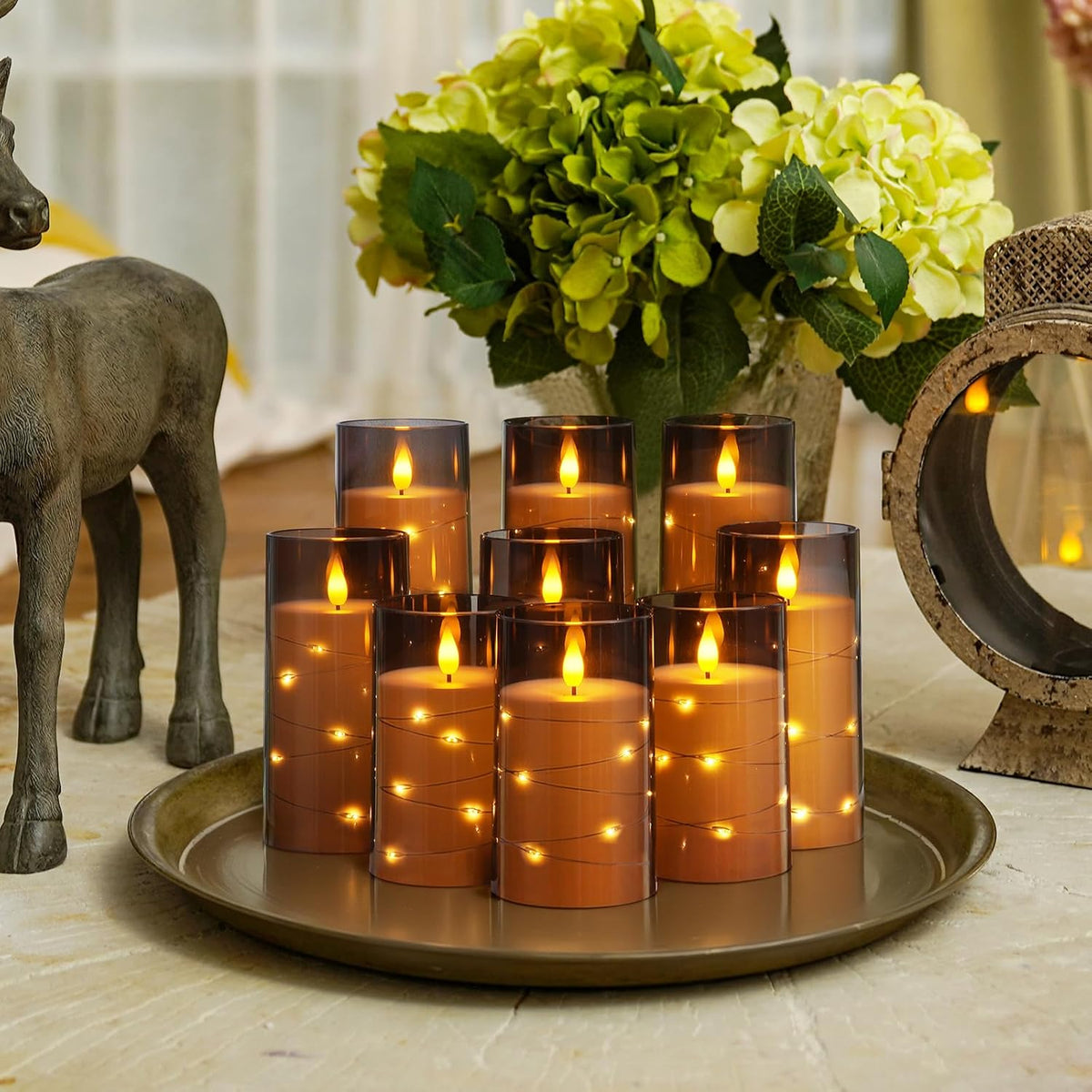 Homemory 9 Pcs Flameless Candles with Embedded Star String Fairy Lights, Battery Operated Candles, LED Fake Candles