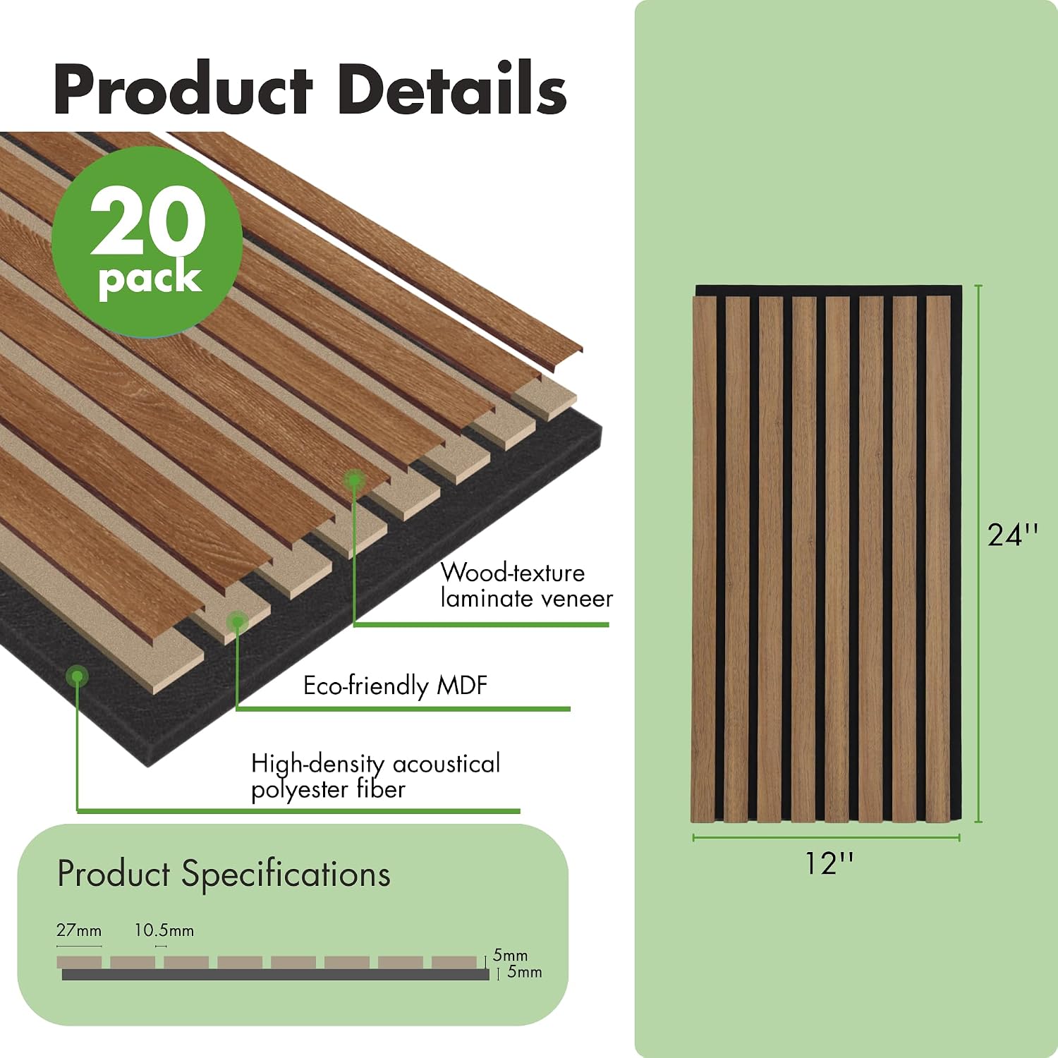 Soundproof Wood Slat Panels / Deep Walnut / 12 x 24 / Set of 20
