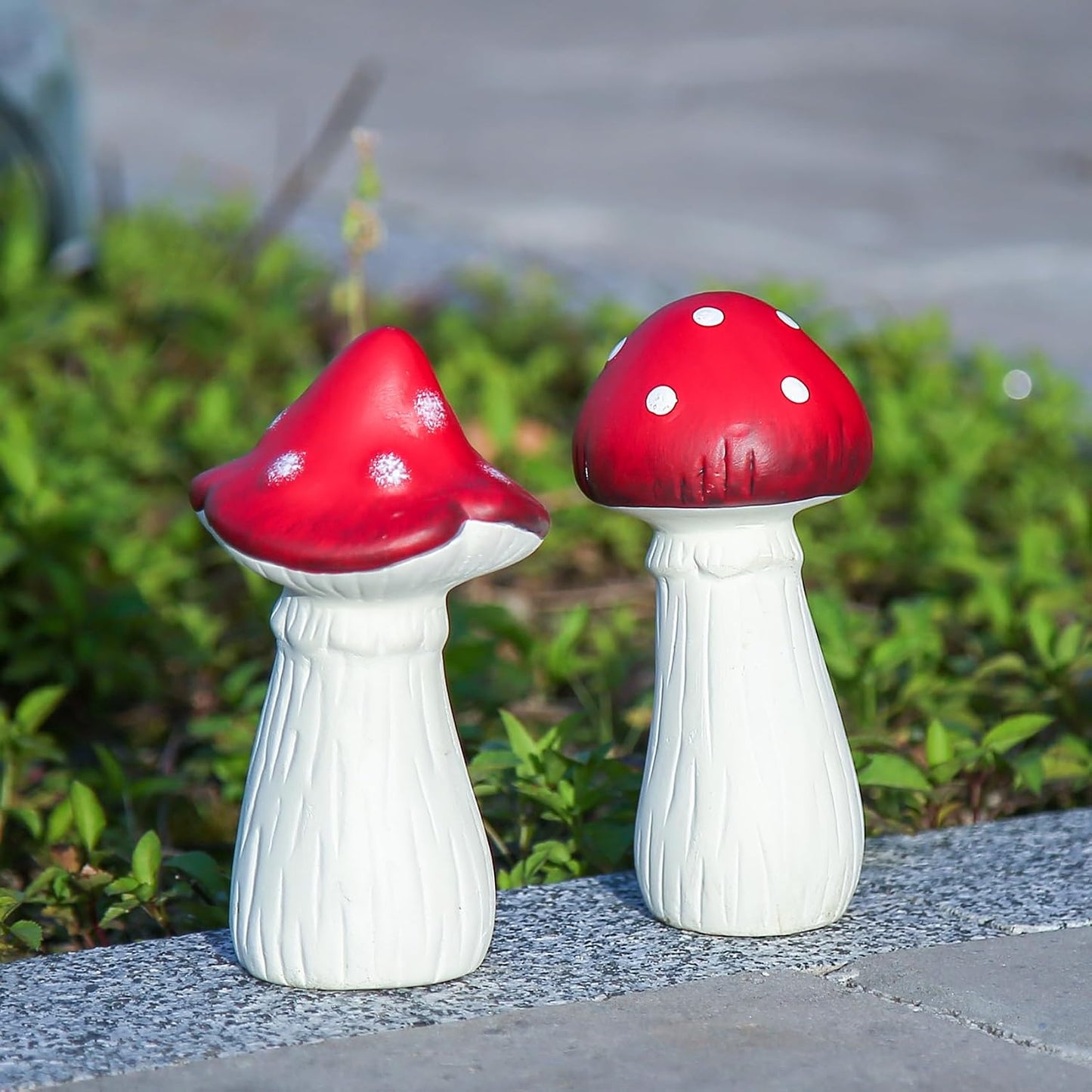 White Ceramic Toadstool Sculptures / Red / 5.5 Inch / Set of 2