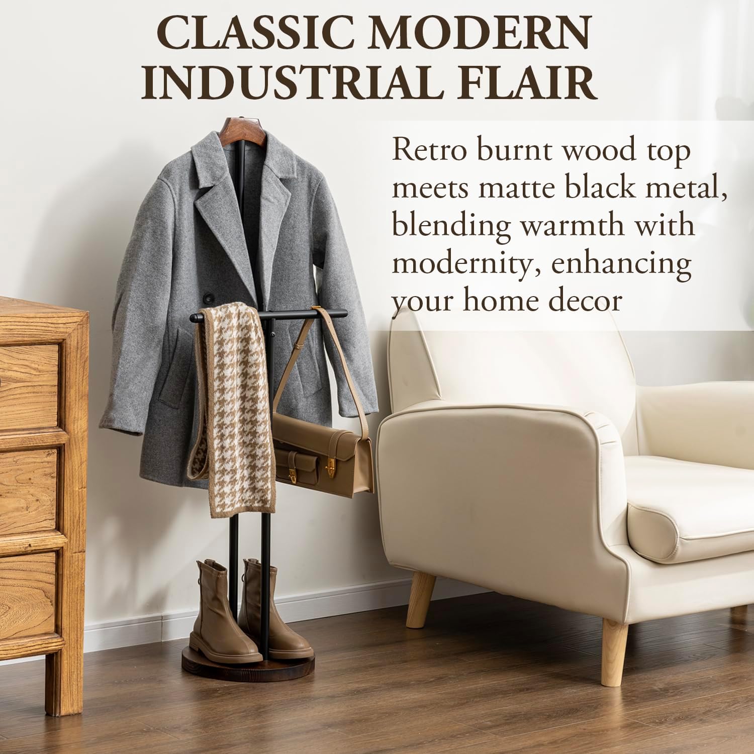 MyGift Modern Garment Valet Stand with Rustic Burnt Solid Wood Coat Clothes Hanger, Round Wooden Base, and Industrial