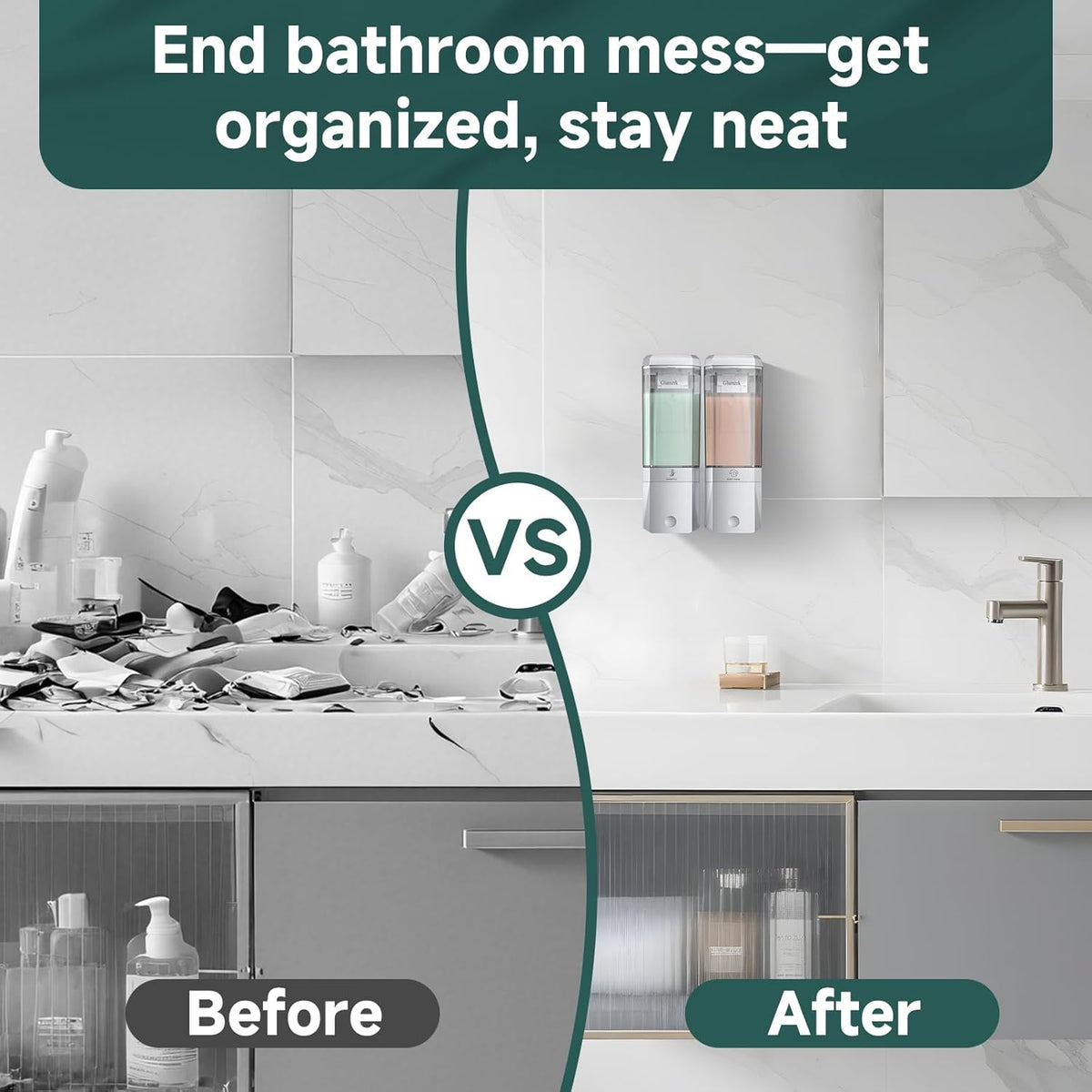Shampoo and Conditioner Dispenser 2 Chamber No Drill Shower Soap Dispenser Wall Mounted Shampoo Conditioner Body Wash