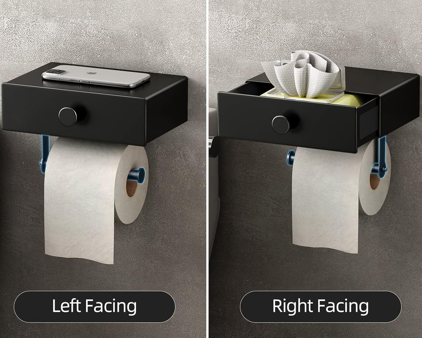 VOLDRA Toilet Paper Holder with Shelf Black Wipes Dispenser for Bathroom Toilet Paper Holder with Storage Upgrade