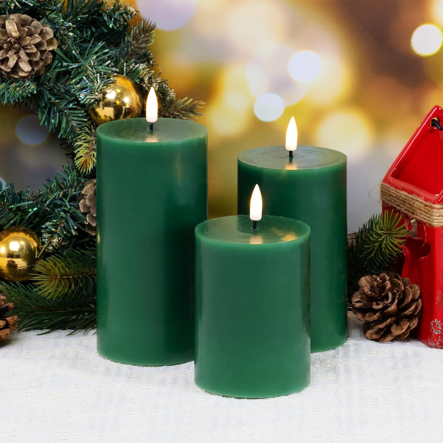 Dark Green Flameless Pillar Candles with Remote Set of 3 | Flickering LED Wax Candles, Flat Top, 2 AA Battery Power
