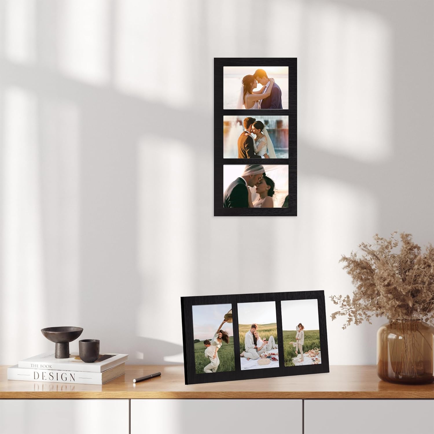 Wood Frame / 3 Picture Frame / Rustic Black / 4 x 6 / 3 Opening