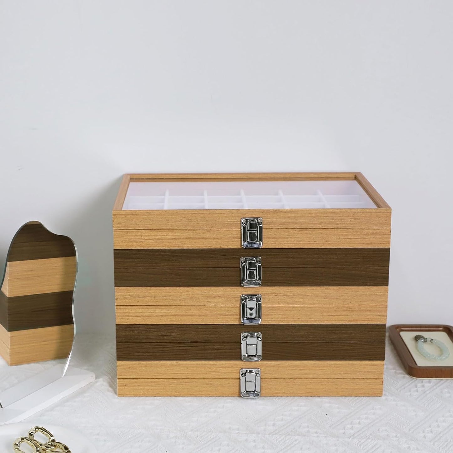 30 Grid Wood Jewelry Organizer / Beige / Set of 30