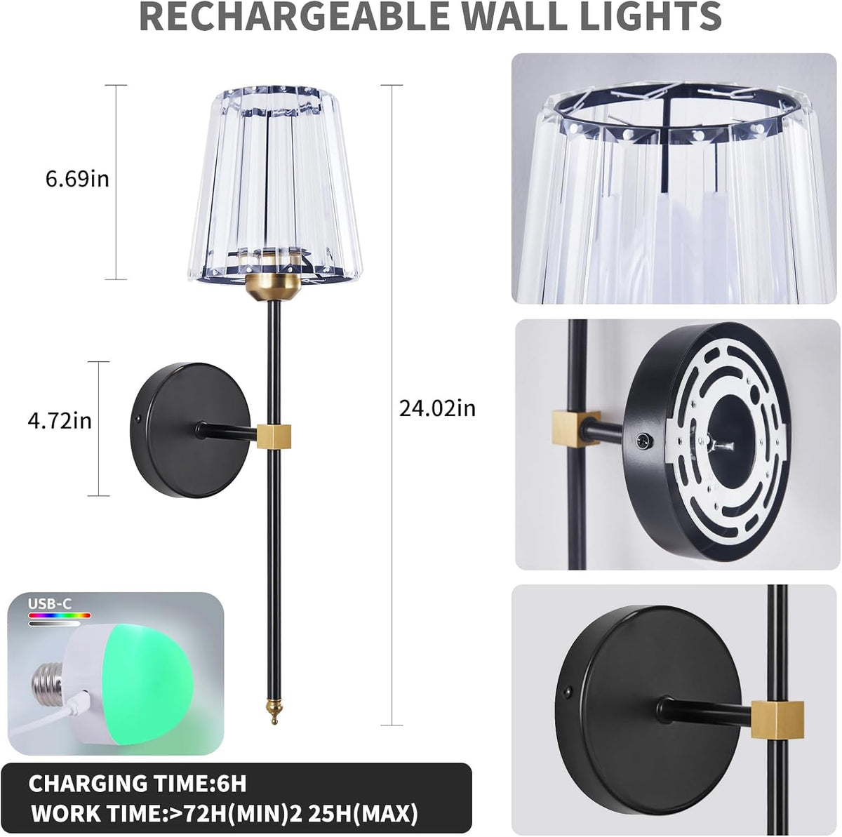 Battery Operated Wall Sconce Set of 2, Black Gold Rechargeable Wall Sconce with Crystal Lampshade, 5200mAh Wireless RGB