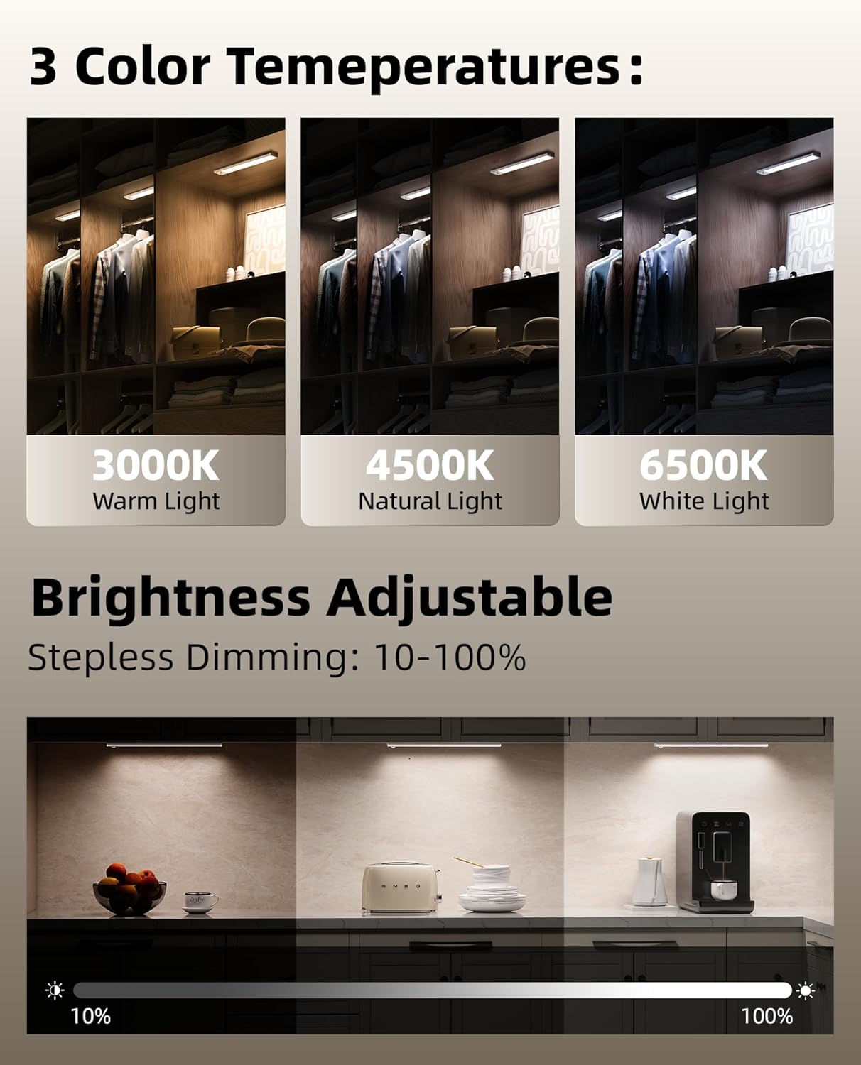 6Pack 12inch Under Cabinet Lighting, Rechargeable Motion Sensor Light Wireless Indoor, Dimmable 3 Color Temps Closet