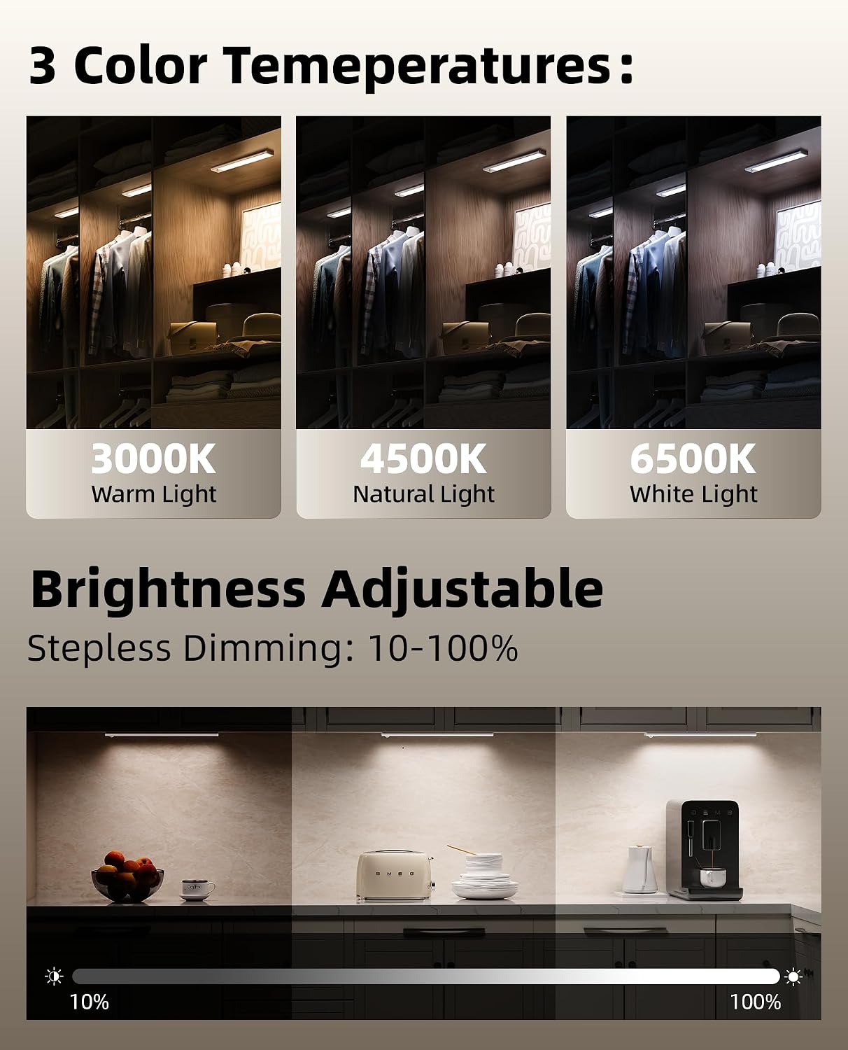 4Pack 16inch Under Cabinet Lighting, Rechargeable Motion Sensor Light Wireless Indoor, Dimmable 3 Color Temps Closet