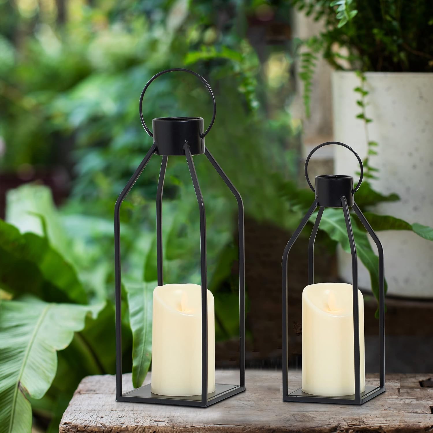 HPC Decor Modern Farmhouse Lanterrn Decor- Black Metal Candle for Summer Night- Lanterns w/Timer Flickering Candles for