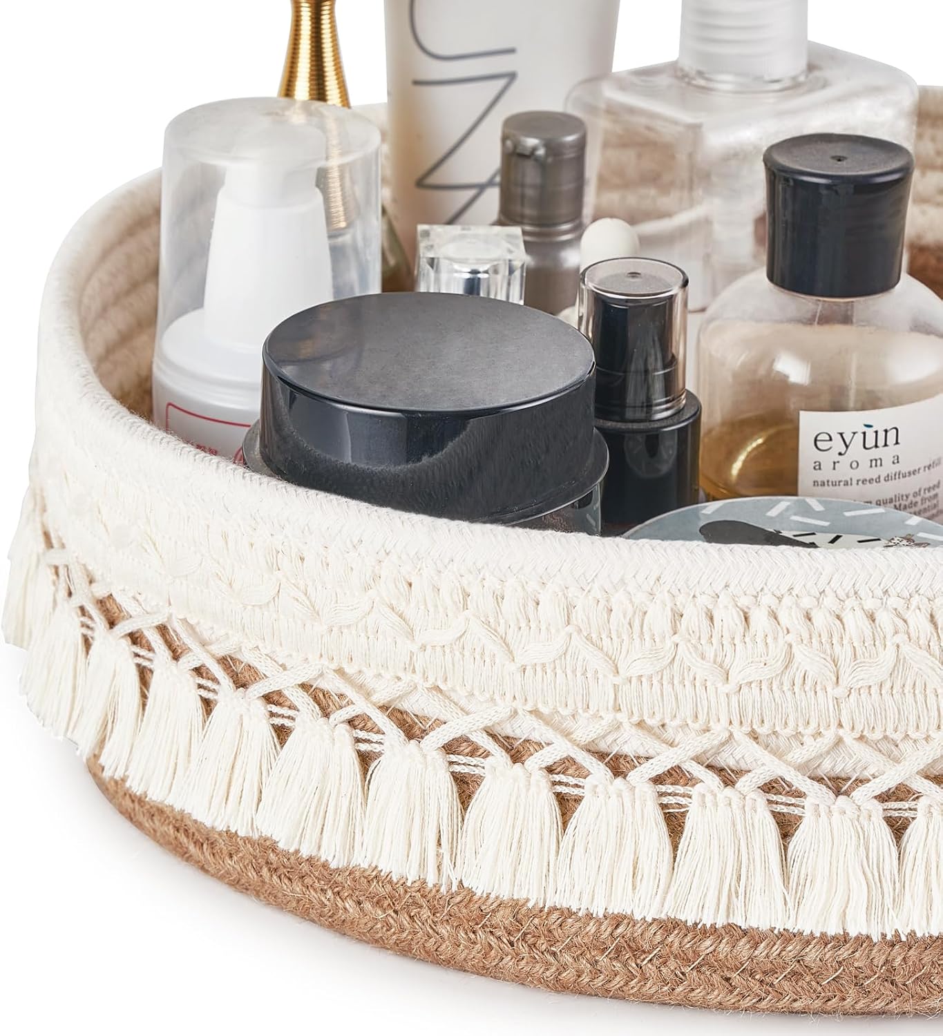Makeup Perfume Holder Organizer Macrame Decorative Woven Rope Basket Boho Decor / Yellow and White