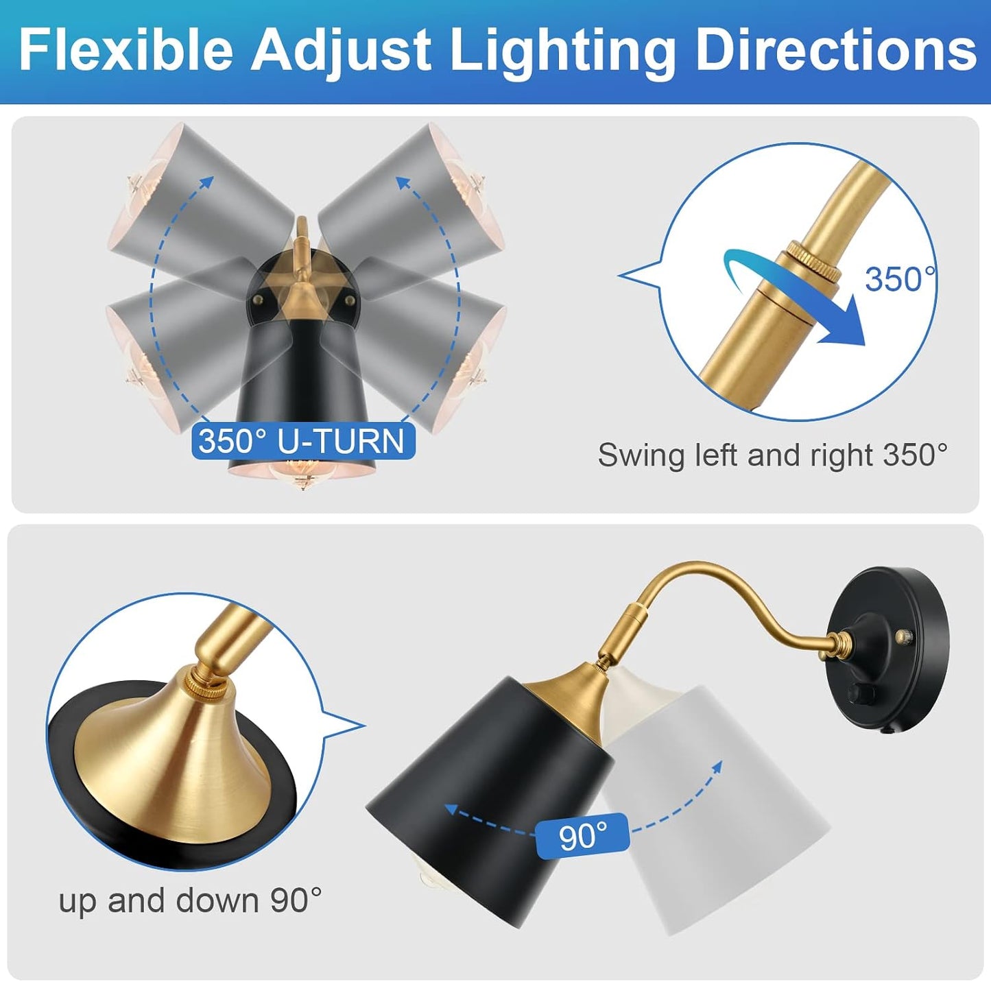 TRLIFE Wall Sconces Plug in, Dimmable Wall Lights with Plug in Cord Adjustable Lighting Angle Wall Mounted Light with