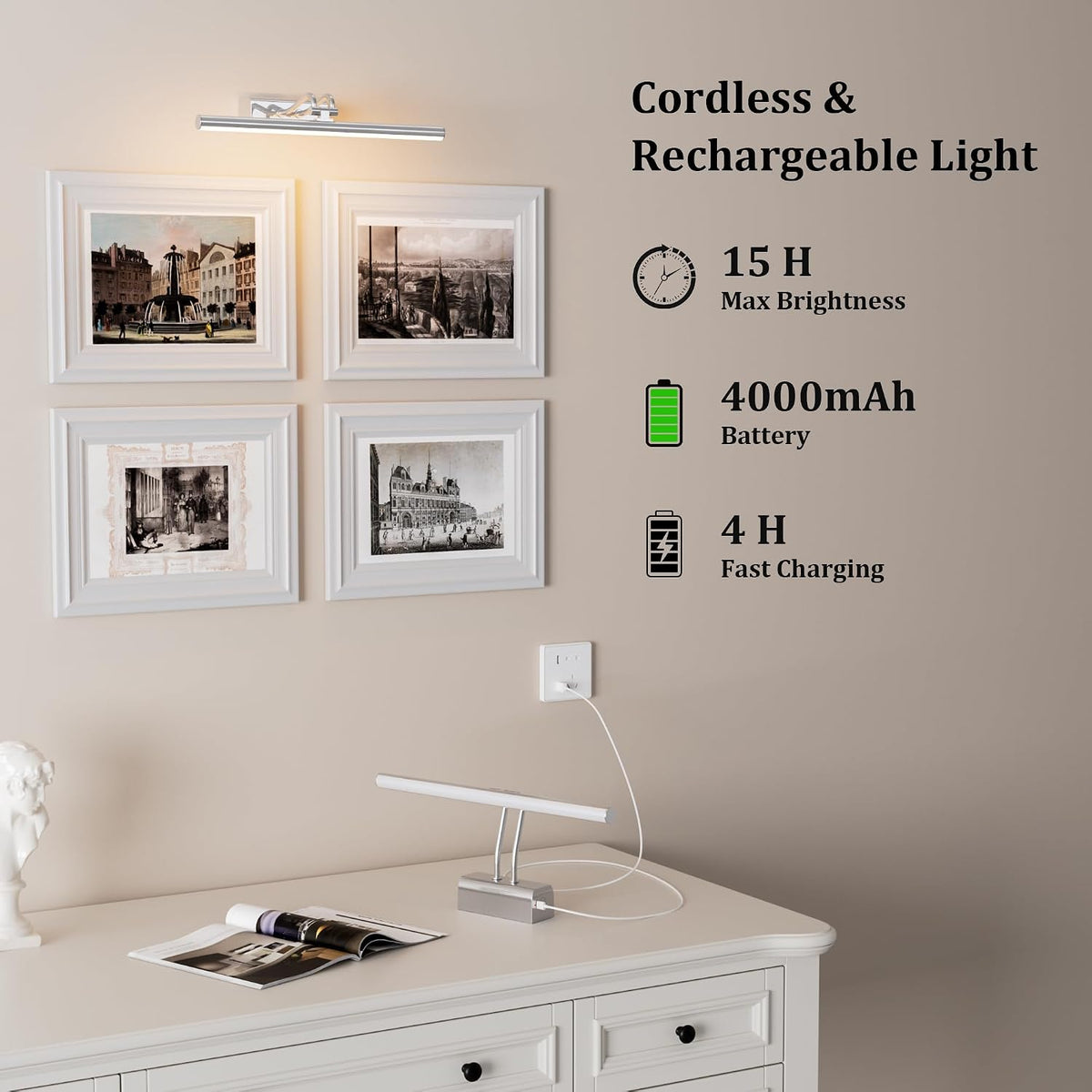 Picture Light for Wall, Platinum Silver, Battery Operated, Remote Control | 4000mAh Cordless,Wall Light, Magnetic for