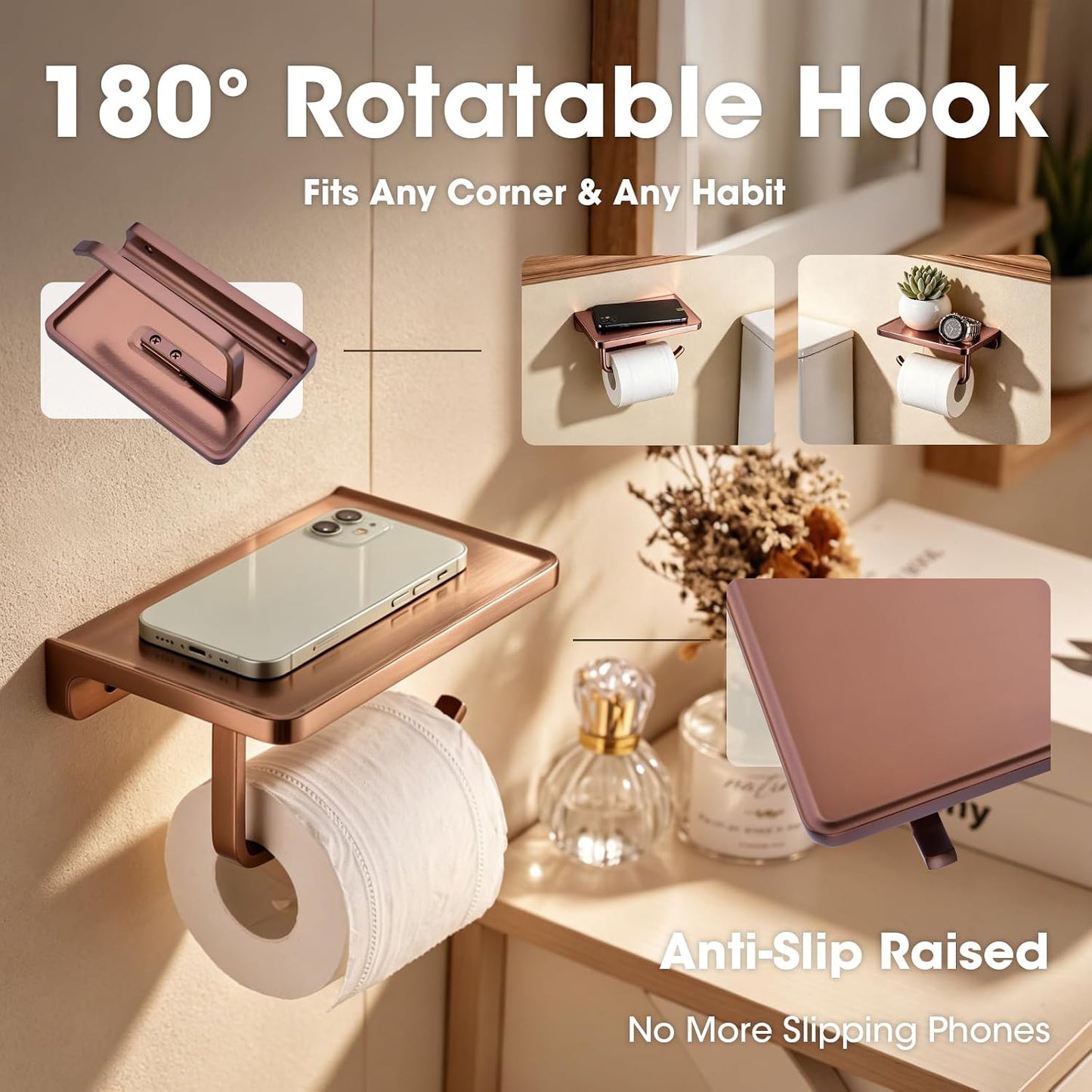 TRUSTMI Toilet Paper Holder with Shelf & Phone Stand, Brushed Rose Gold | Solid zinc alloy holder holds 15 lbs and fits