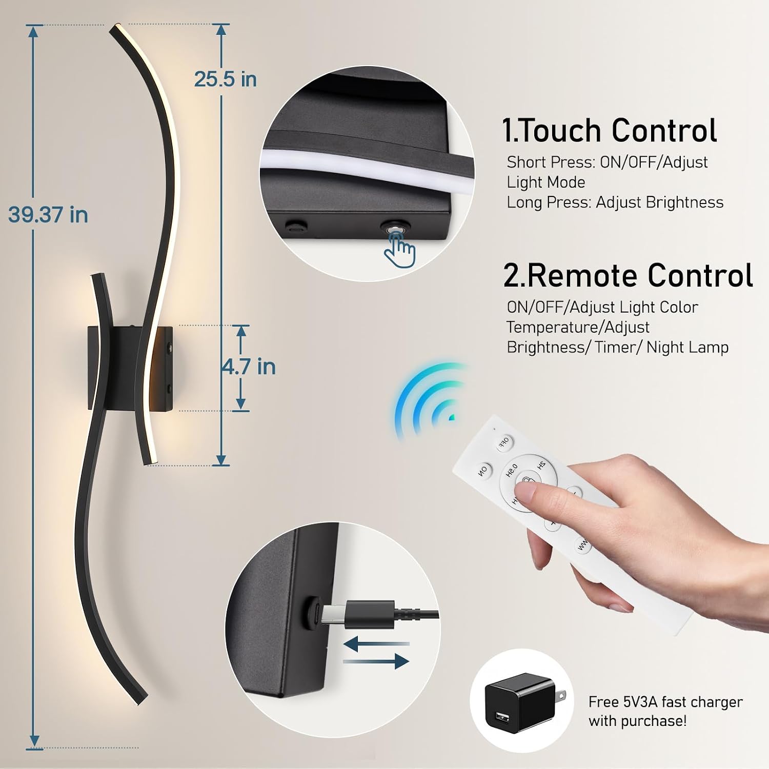 Battery Operated Wall Sconce Set of 2, 18000mAh Black Rechargeable Wall Lights with Remote Control,3000K-6000K Dimmable