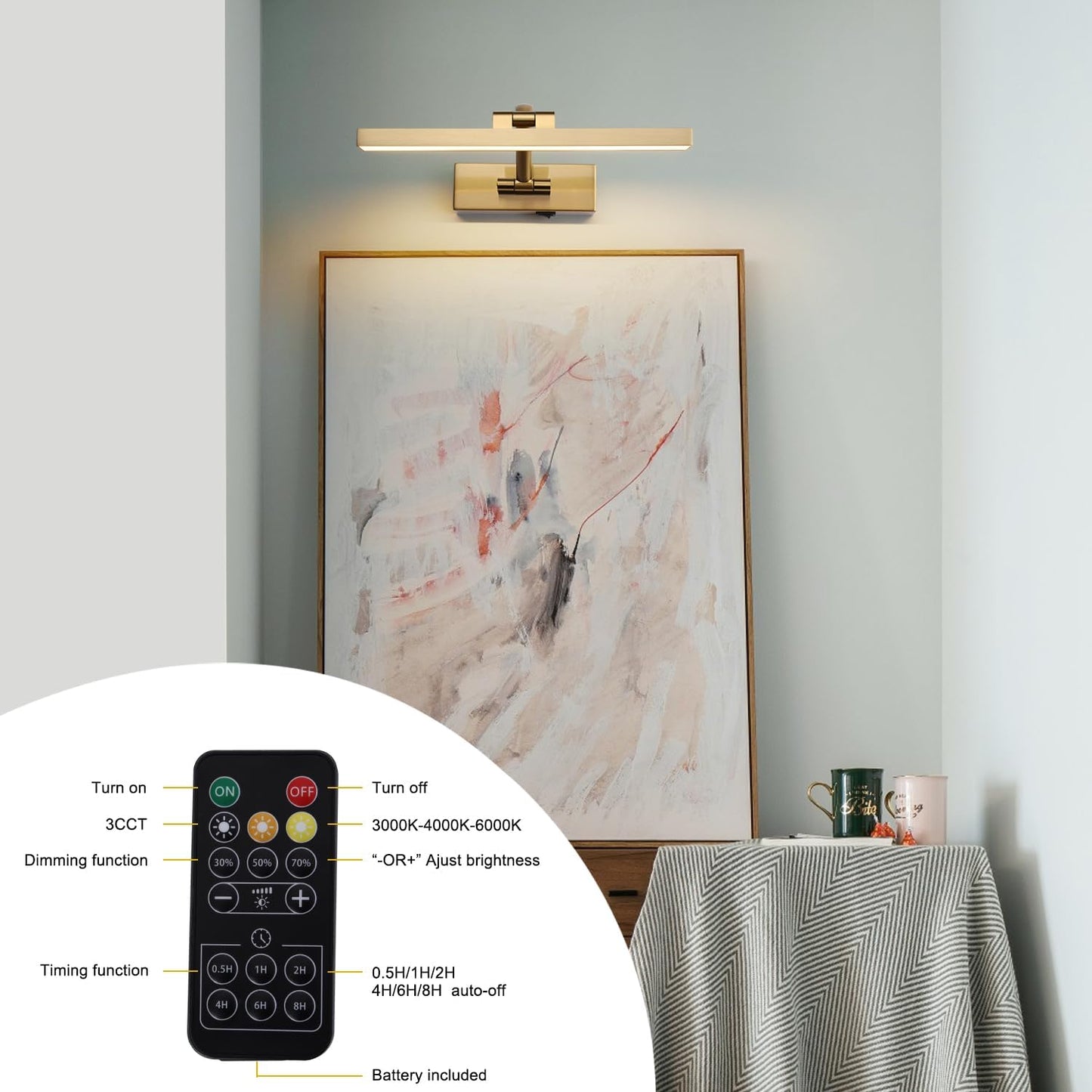 Picture Light with Remote 3 Colors Wireless Art Lights for Paintings,Rotatable Wall Sconce Rechargeable Battery Powered