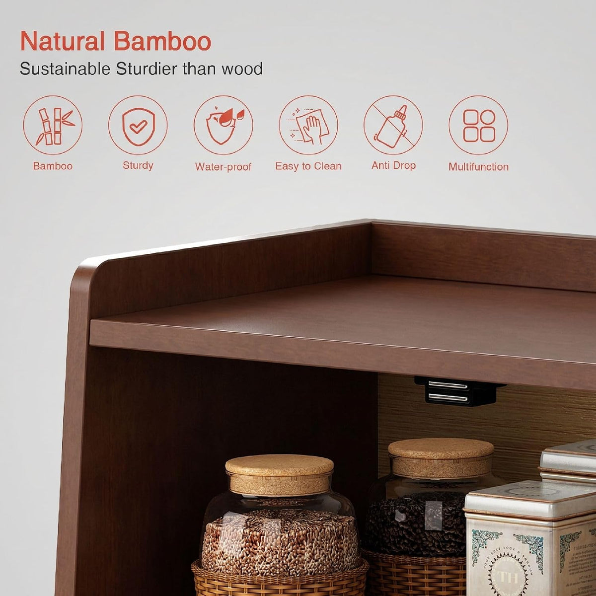 Goozii 2 Tier Bread Box for Kitchen Countertop, Double Layer Breadbox | Dark Brown Bamboo Wood | Storage Cabinet for