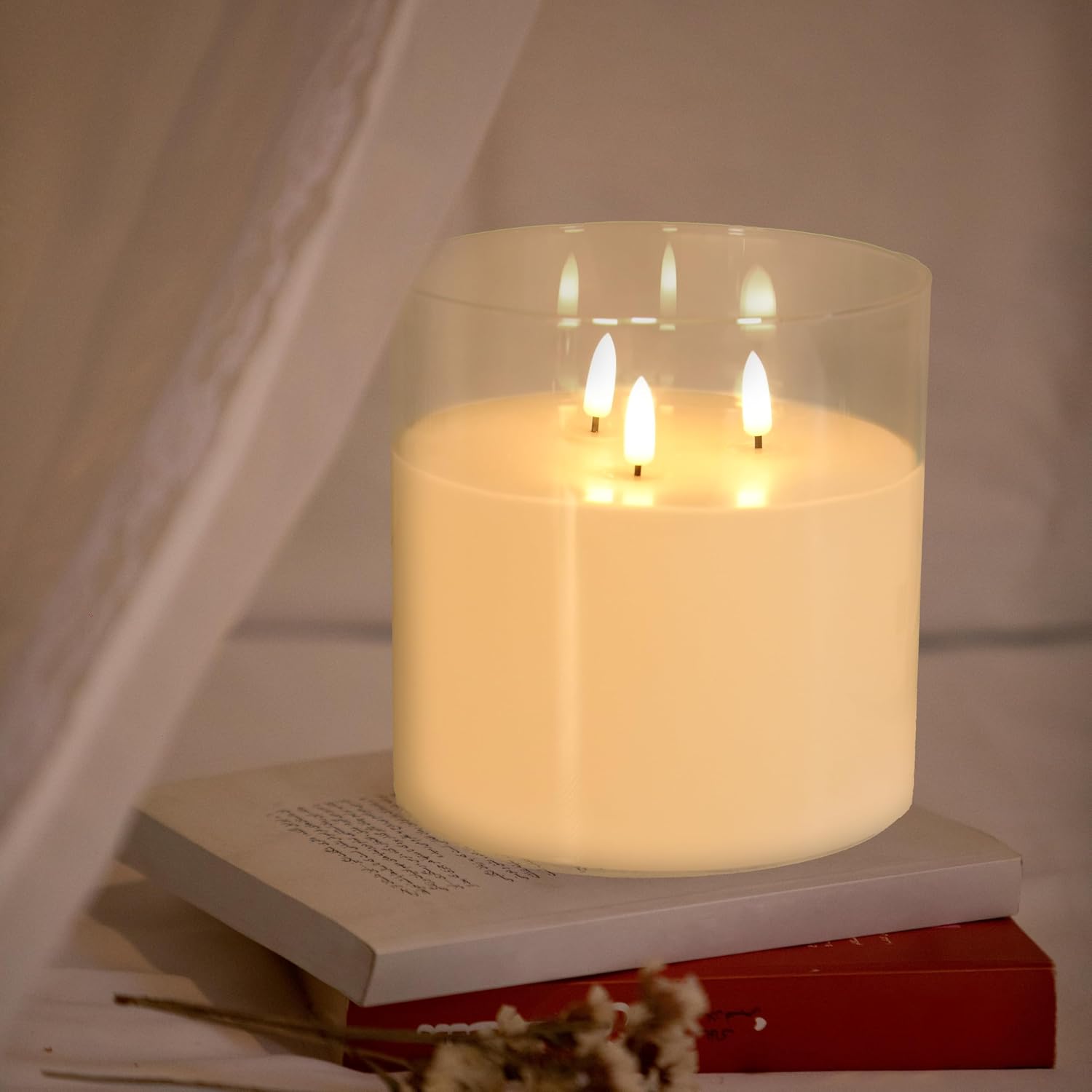 NICEME Extra Large 3 Wick Battery Operated Candle, 6"x6" Big Clear Glass Flameless Candles with Remote, Real Wax