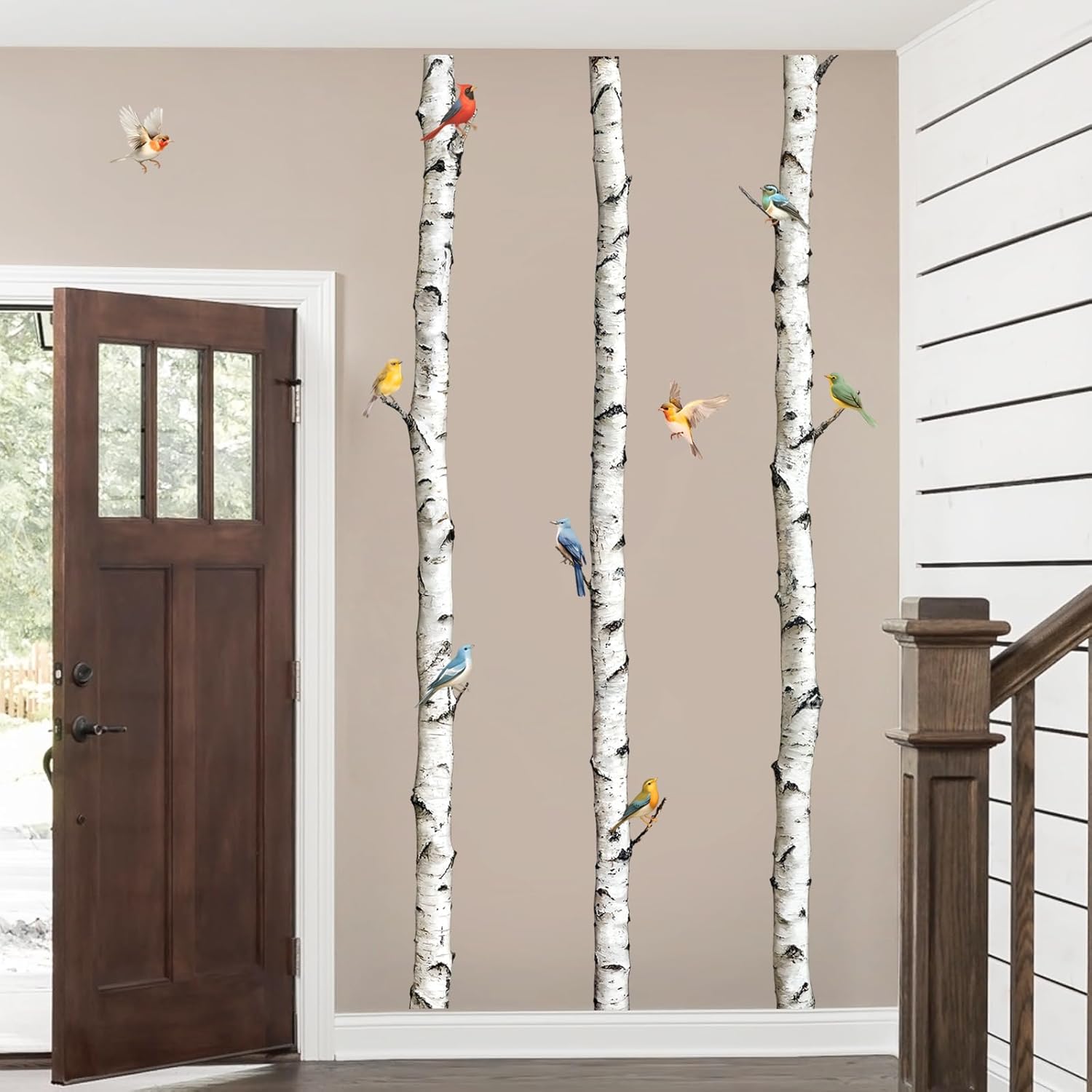 95" Tall Birch Tree Wall Decals 3 Aspen Trees Flying Birds Wall Stickers Peel and Stick / White