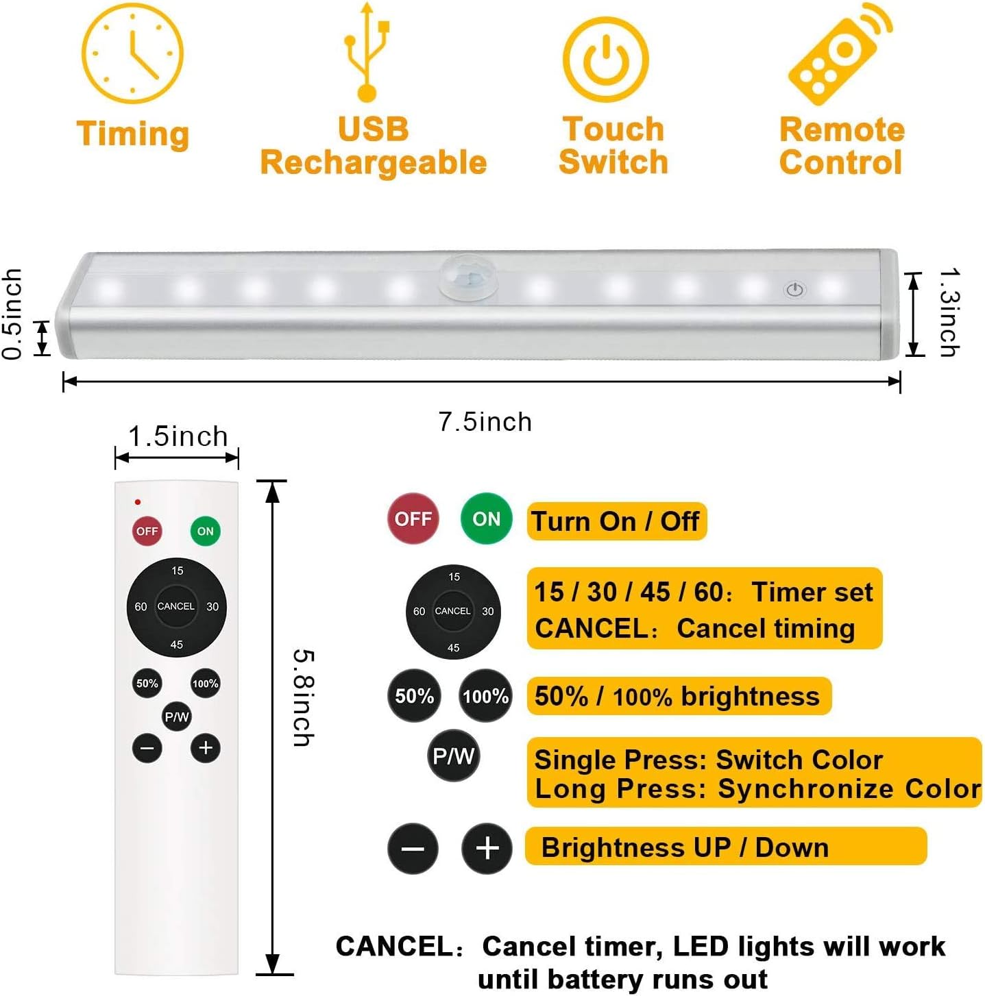 Under Cabinet Lighting with Remote, 3 Color Temps,4 Pcs | Wireless Rechargeable, 20-LED Dimmable, 10 Level Brightness