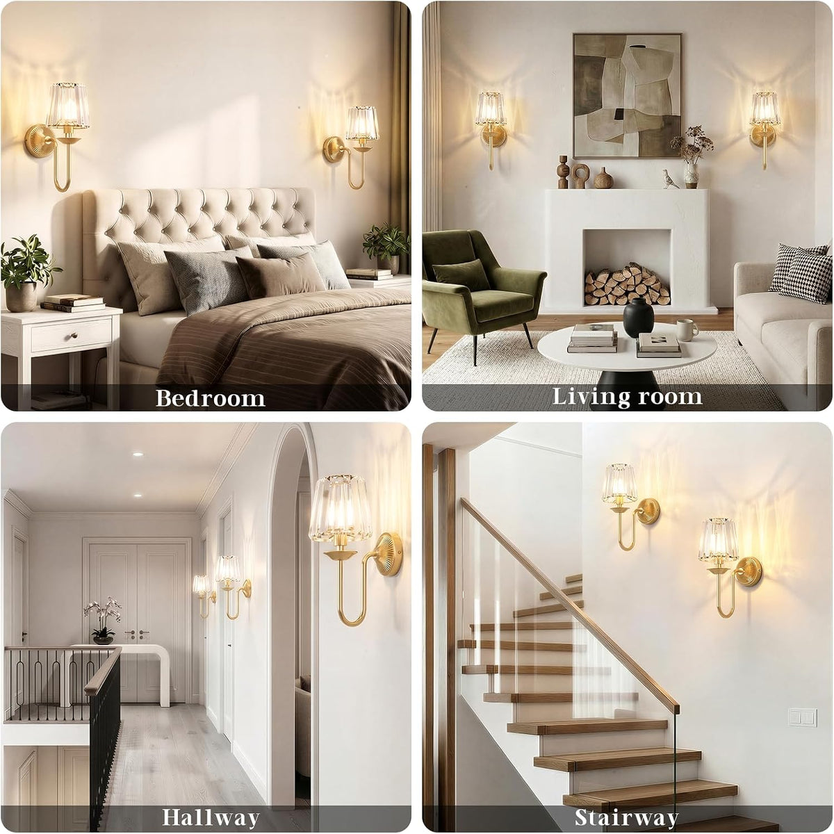 Gold Battery Operated Wall Sconces Set of Two, Crystal Wireless Rechargeable Wall Lights with Remote, Dimmable 3 CCT
