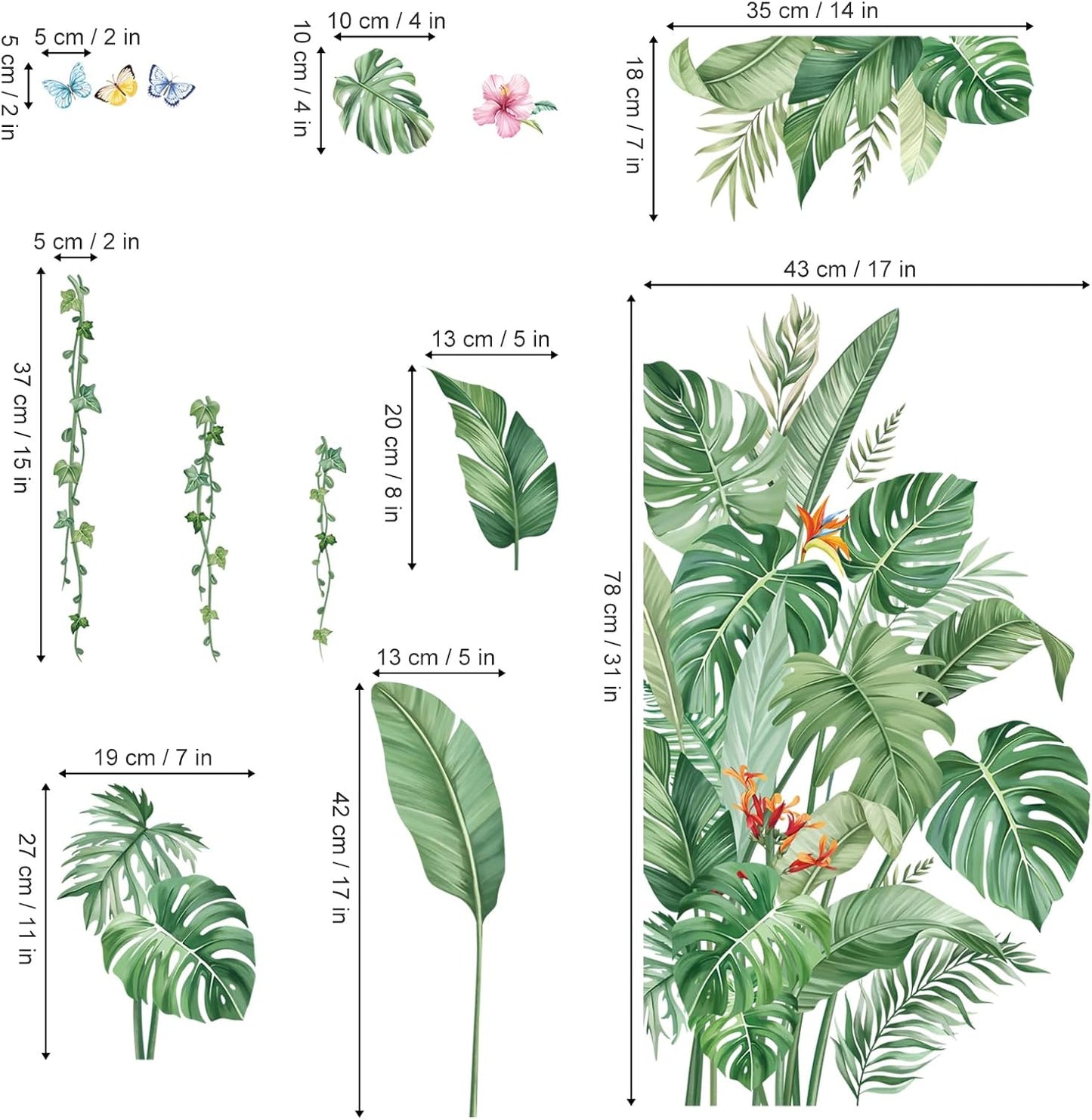 Large Leaves Wall Decals Tropical Palm Leaf Plant Wall Stickers / Green