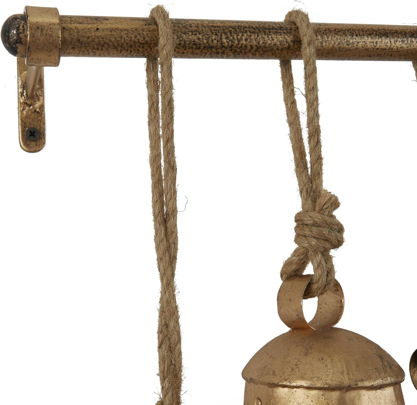 Deco 79 Metal Decorative Cow Bells Tibetan Inspired with 12 Bells on Jute Hanging Ropes and Rod, 48" x 6" x 20", Gold