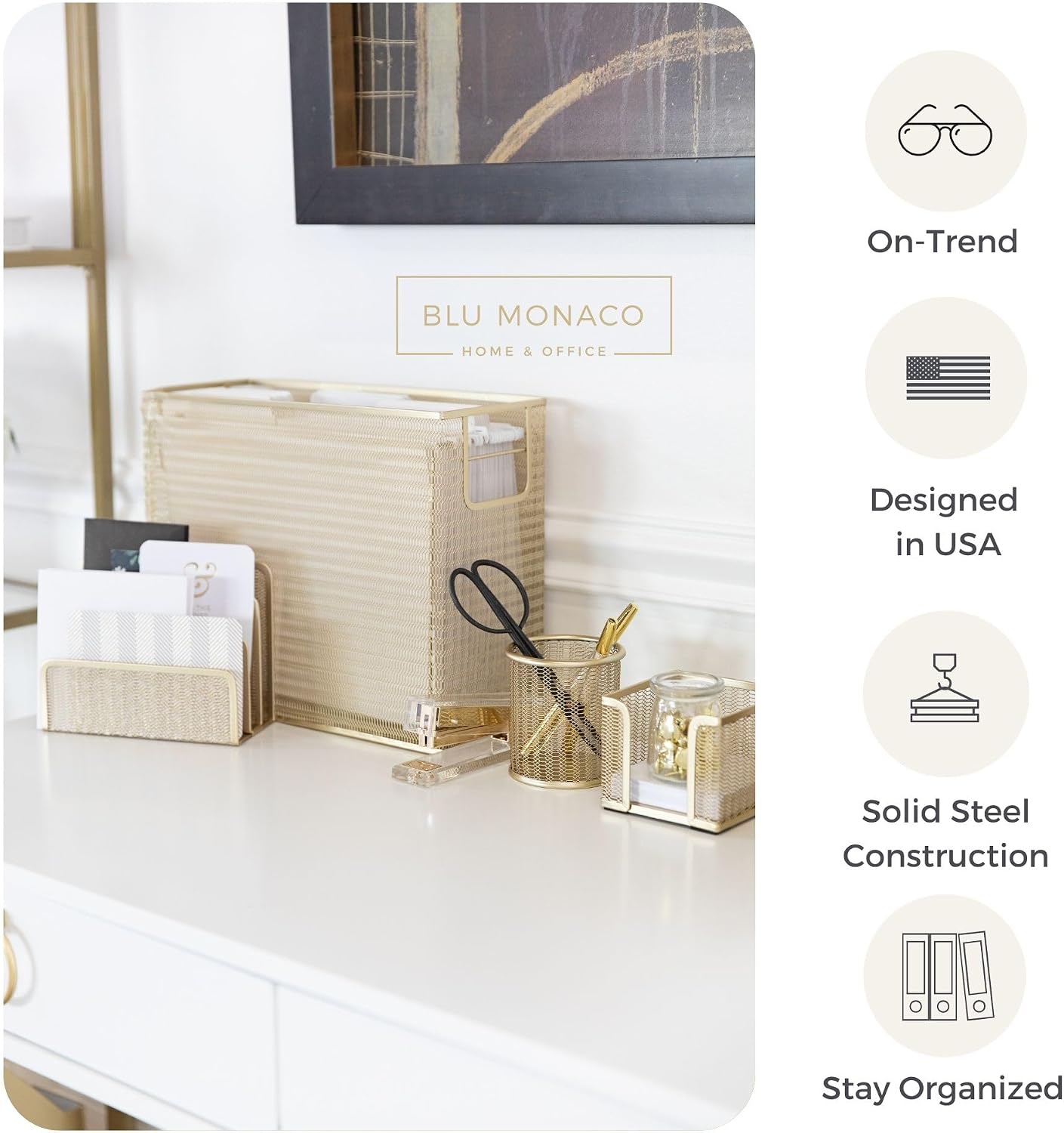 BLU MONACO | Gold Desk File Folder Organizer Set | Desktop Hanging File Organizer with Letter Size Holder | Hanging