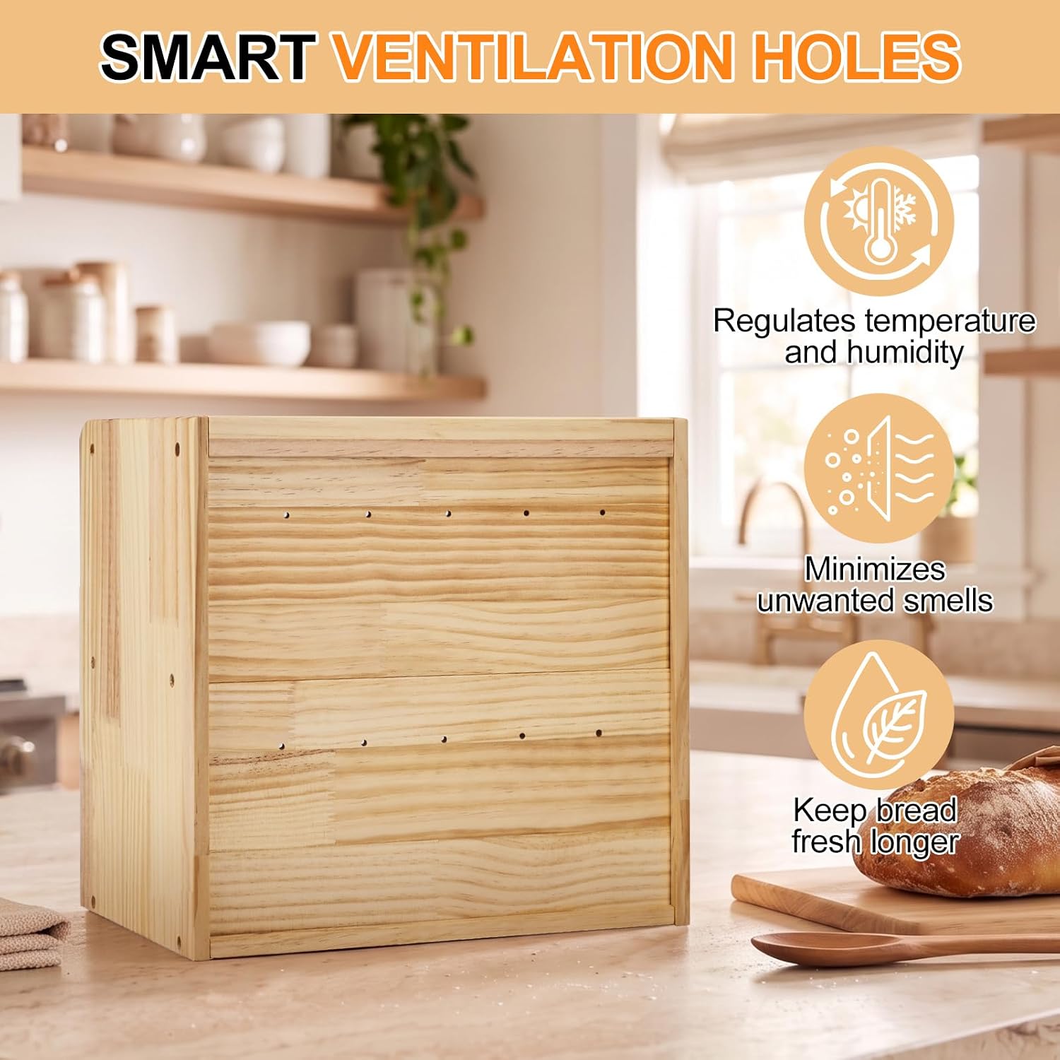 Alpeir Wooden Bread Box for Kitchen Countertop, Large Double Layer, Nature | Food-Safe Pine Wood, Double-Row