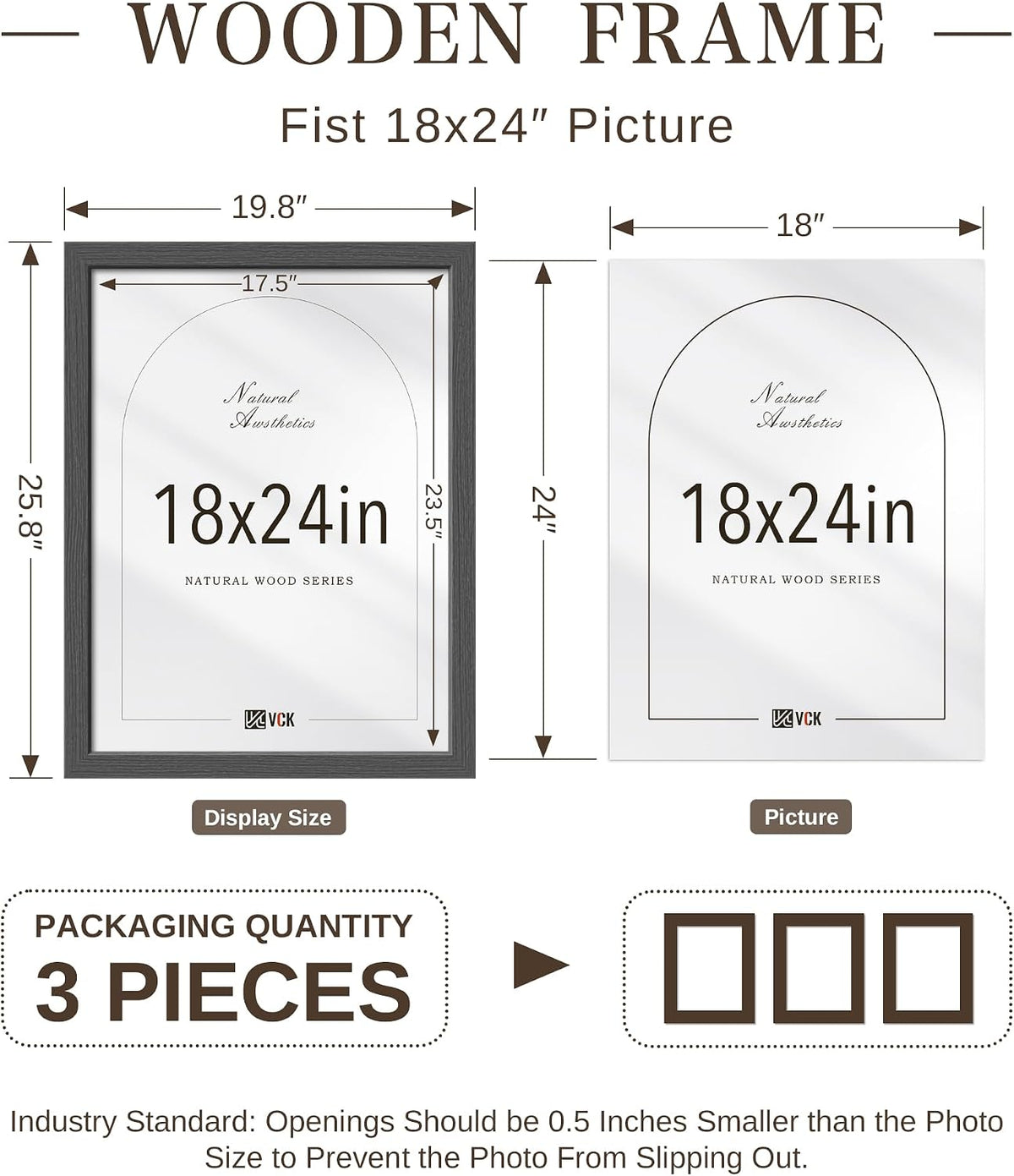 VCK 18x24 Poster Frames Set of 3, Grey Woodgrain, Wall Hanging | Wide Border, Exclusive Woodgrain, Shatterproof