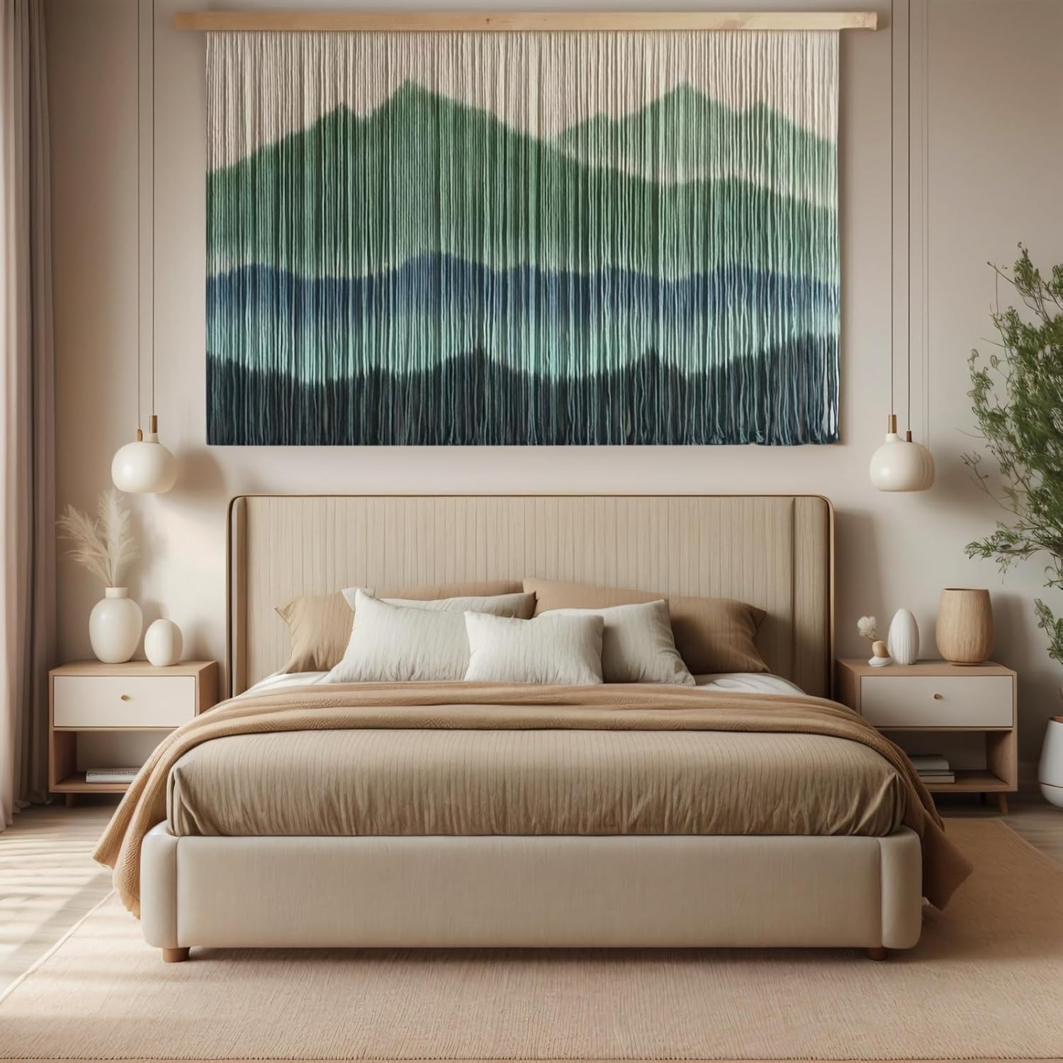 Woven Boho Macrame Wall Hanging Home Decor Tapestry Dip-Dyed Large Modern Handmade Colorful / Green
