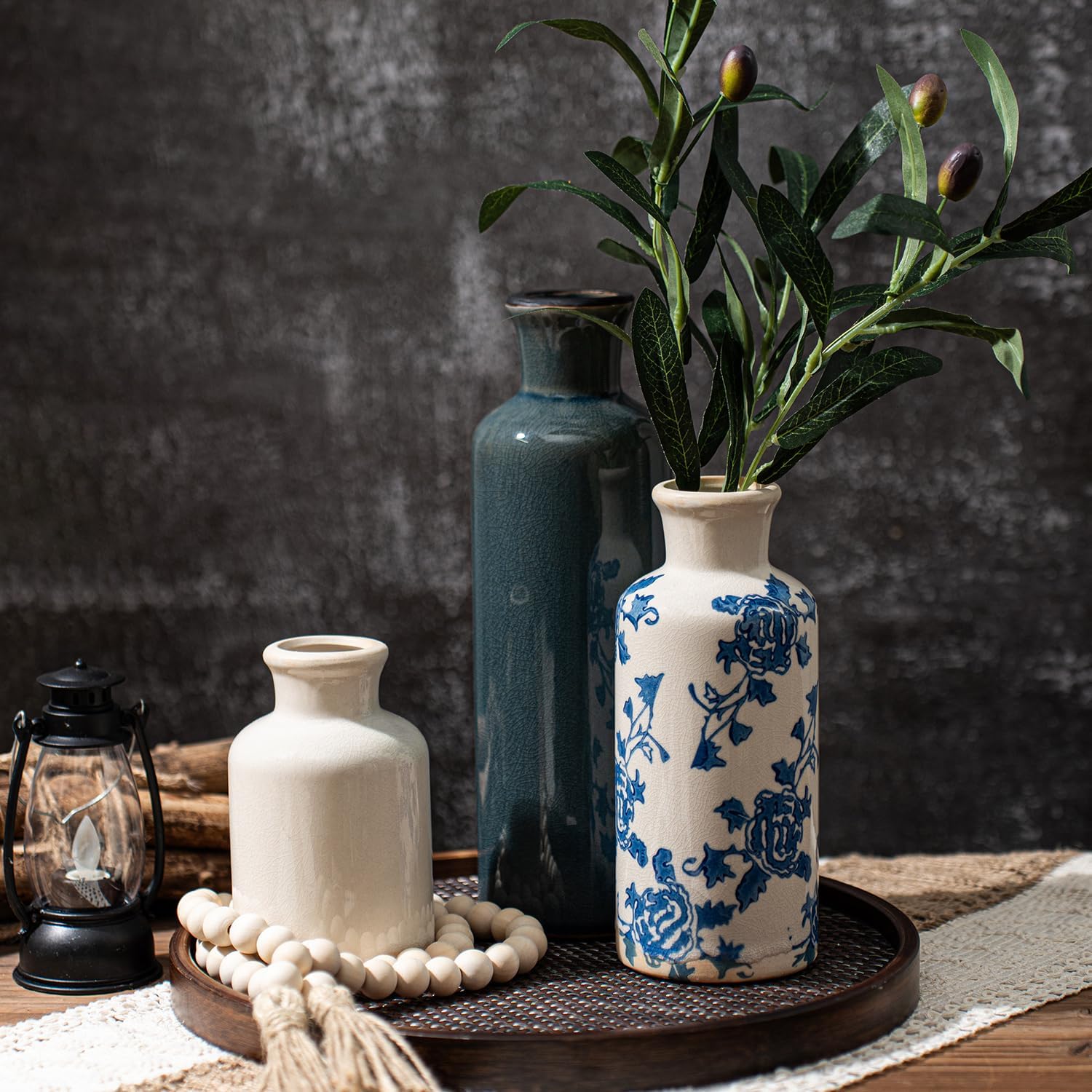 Rustic Farmhouse Vase / 102-blue and White / Set of 3