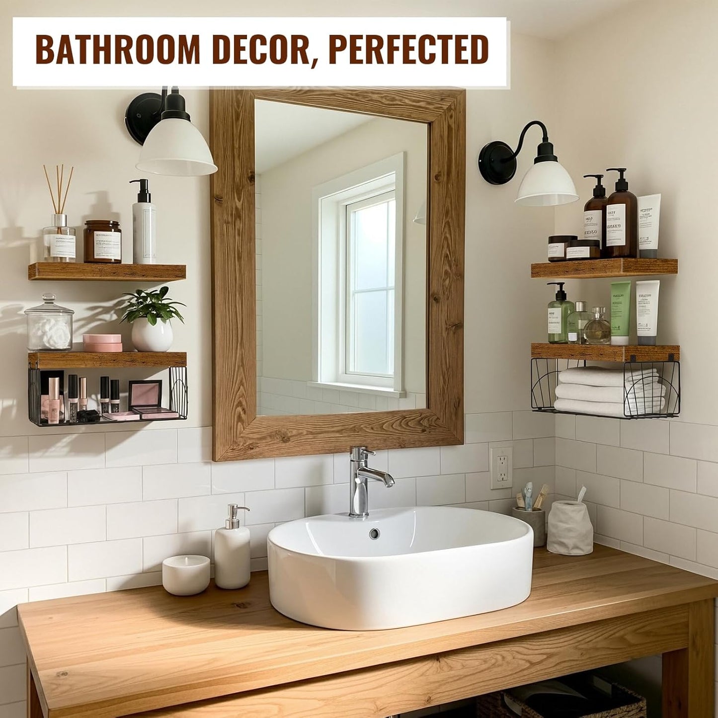 Wall Mounted Rustic Wood Floating Shelves / Brown / 16 Inches / Set of 4