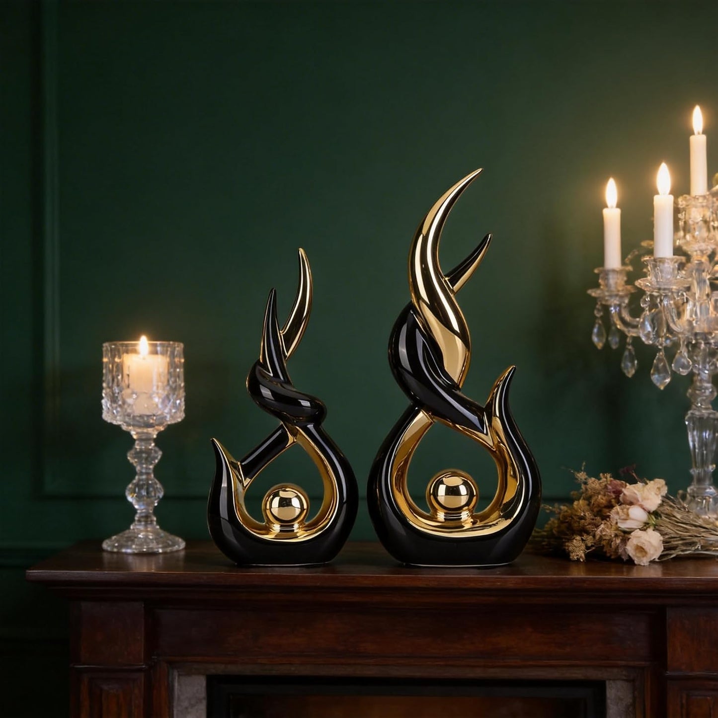 Gold Ceramic Abstract Sculpture / Bg / Black / Set of 2