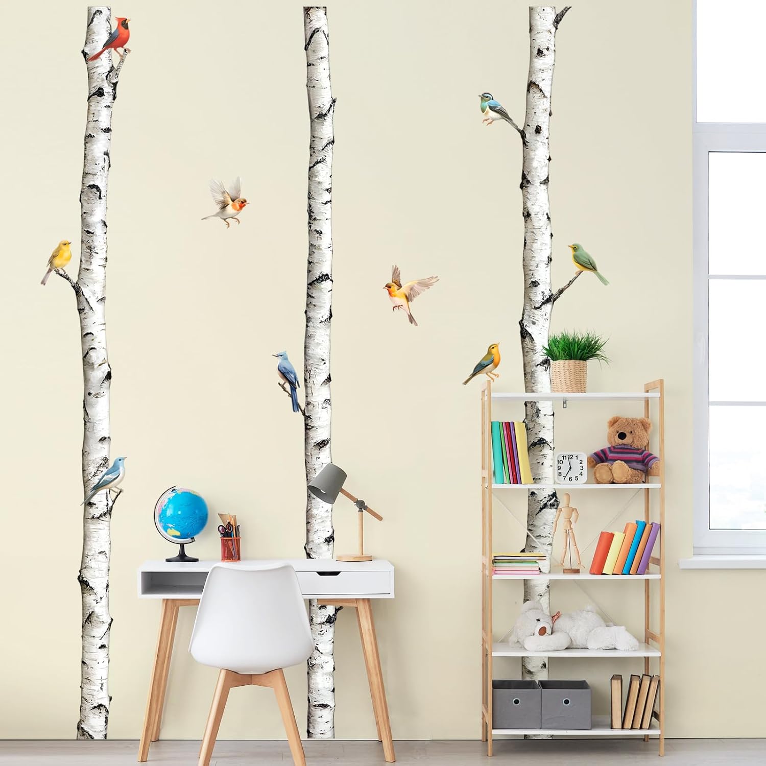 95" Tall Birch Tree Wall Decals 3 Aspen Trees Flying Birds Wall Stickers Peel and Stick / White