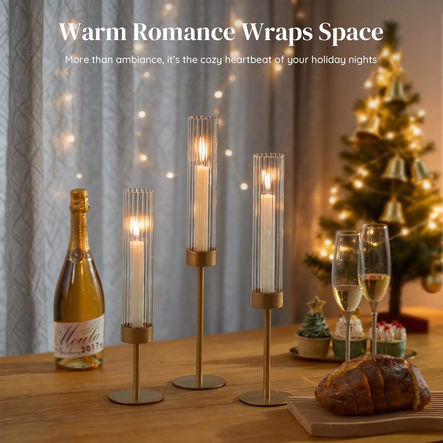 Glasseam Gold Hurricane Taper Candle Holders, 3 Pcs Candlestick with Glass | Ribbed Cylinder Cover, Fluted Shade, Brass