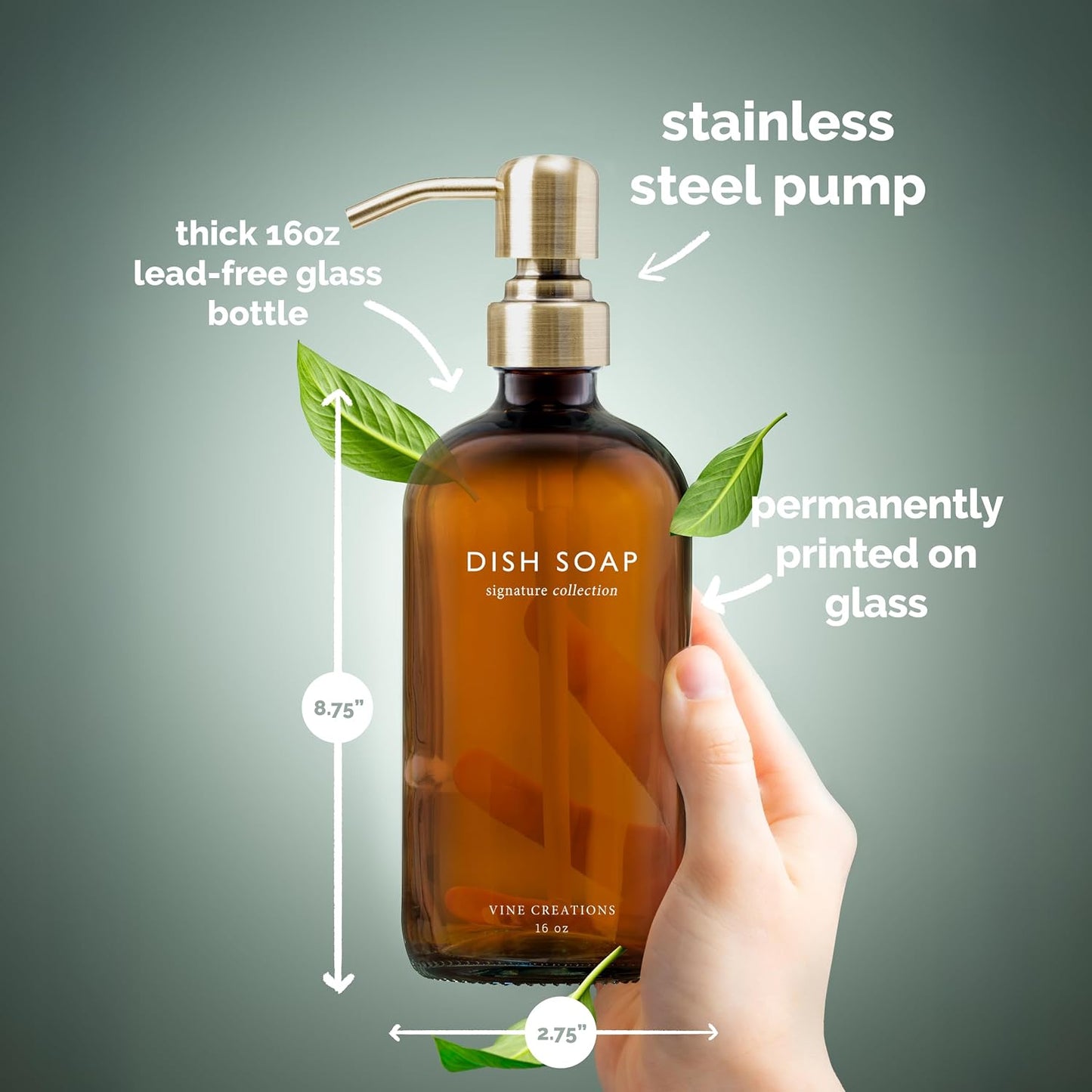 Vine Creations Amber Glass Soap Dispenser Set, Dish Soap and Hand Soap Dispenser Set with Stainless Steel Pump, 16 oz