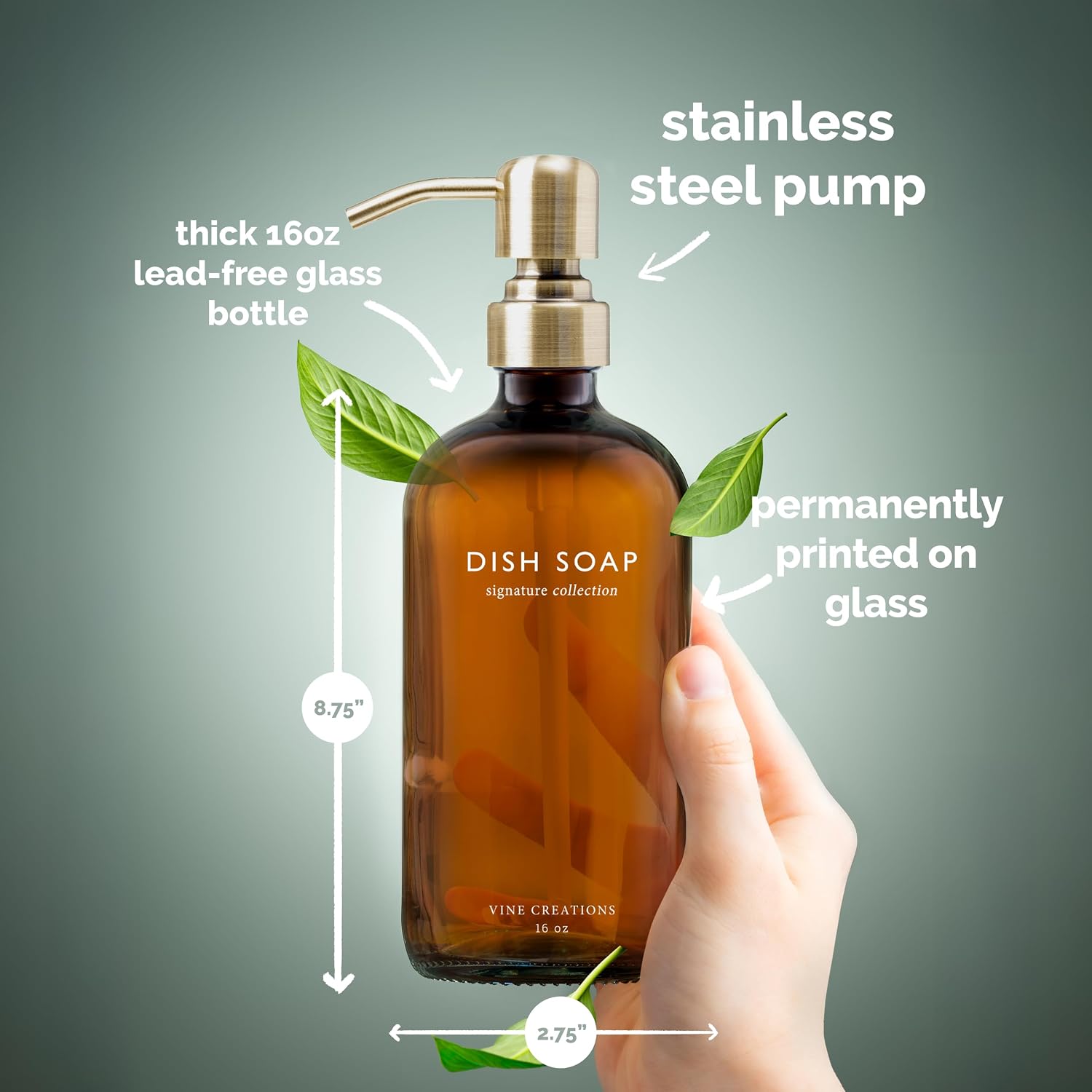 Vine Creations Amber Glass Soap Dispenser Set, Dish Soap and Hand Soap Dispenser Set with Stainless Steel Pump, 16 oz