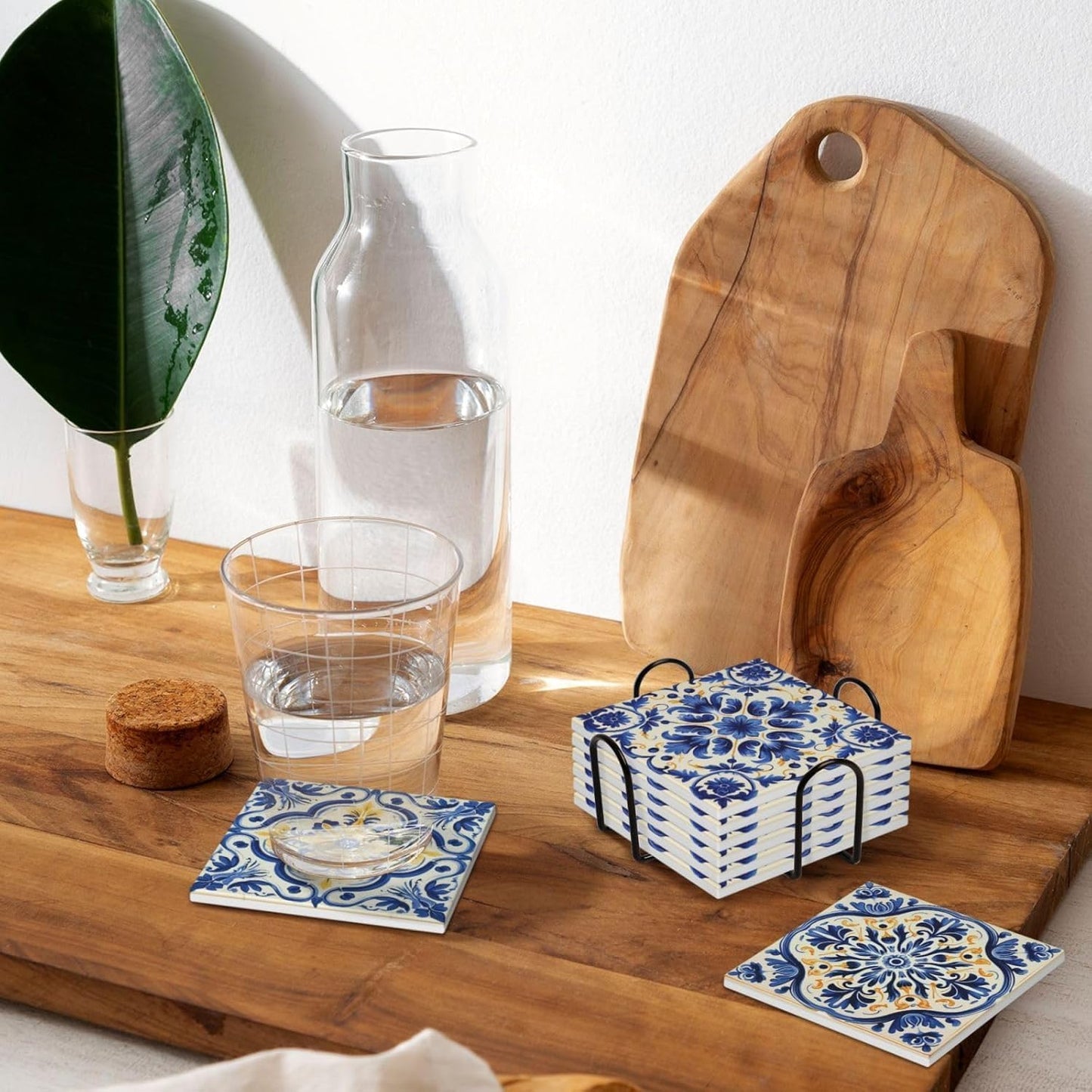 Cork Base and Golden Holder / Azulejo Tile-square-1 / Blue / Set of 6