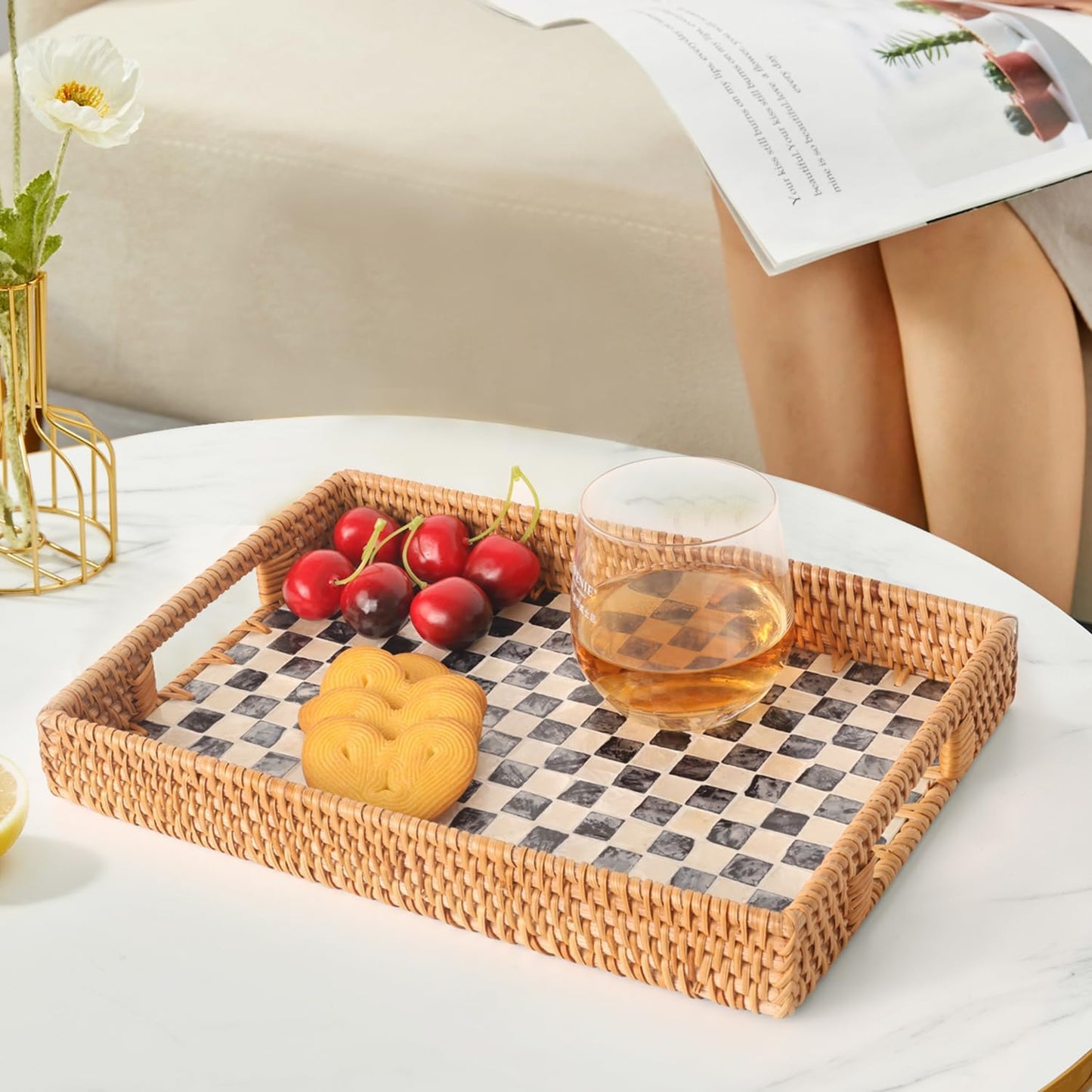 Rattan Serving Tray / Black Checkerboard