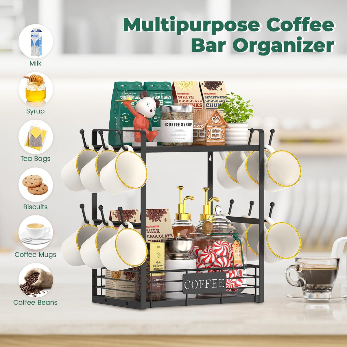 EsLuker.ly Coffee Mug Cup Holder Tree Bar Station Organizer, 2 Tier Black | Mug Stand Rack for Countertop Kitchen