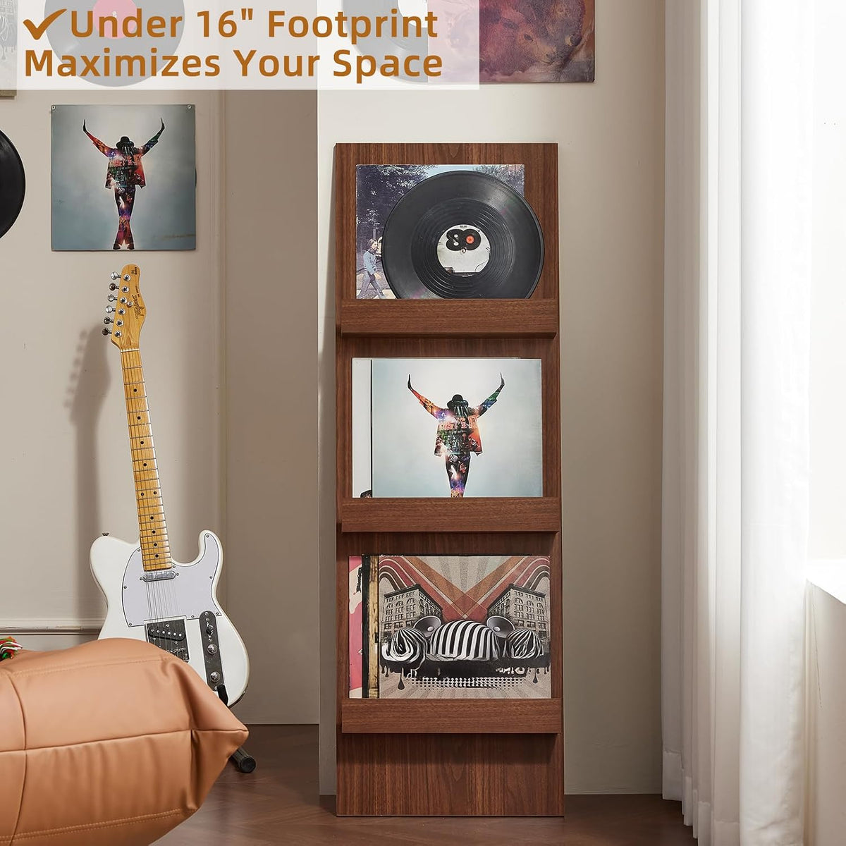 Wall-Leaning Vinyl Record Holder with 3 Tier Display Shelf, 47.5'' Tall Record Storage Magazine Holder, Vinlys Stand