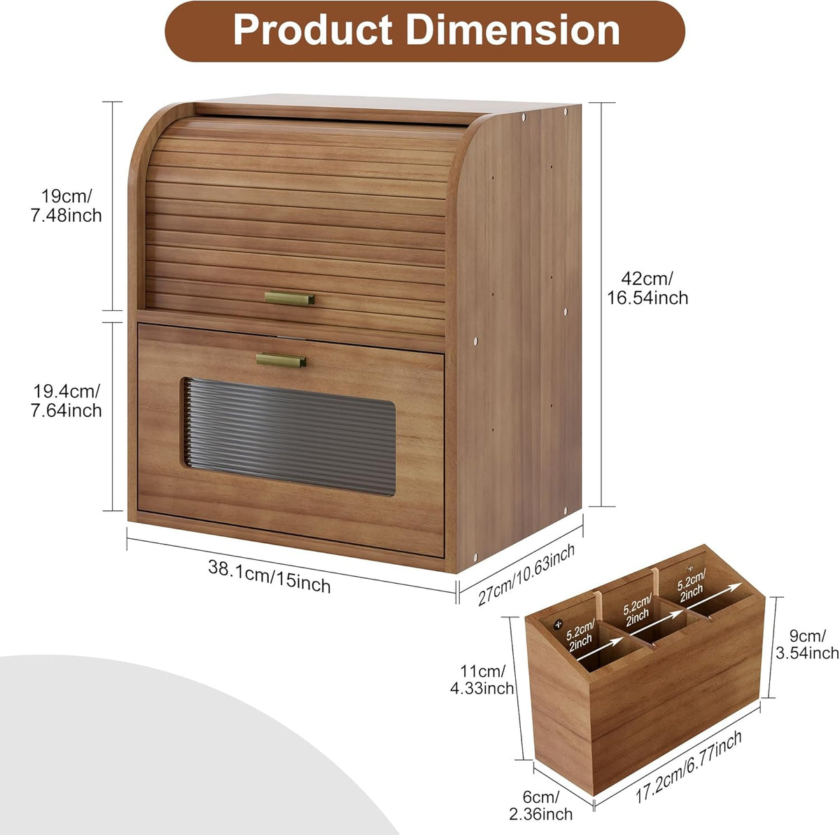TQVAI Roll Top Bread Box for Kitchen Countertop, Keep Fresh Longer, Easy to Maintenance, Double Layer Vintage Wooden