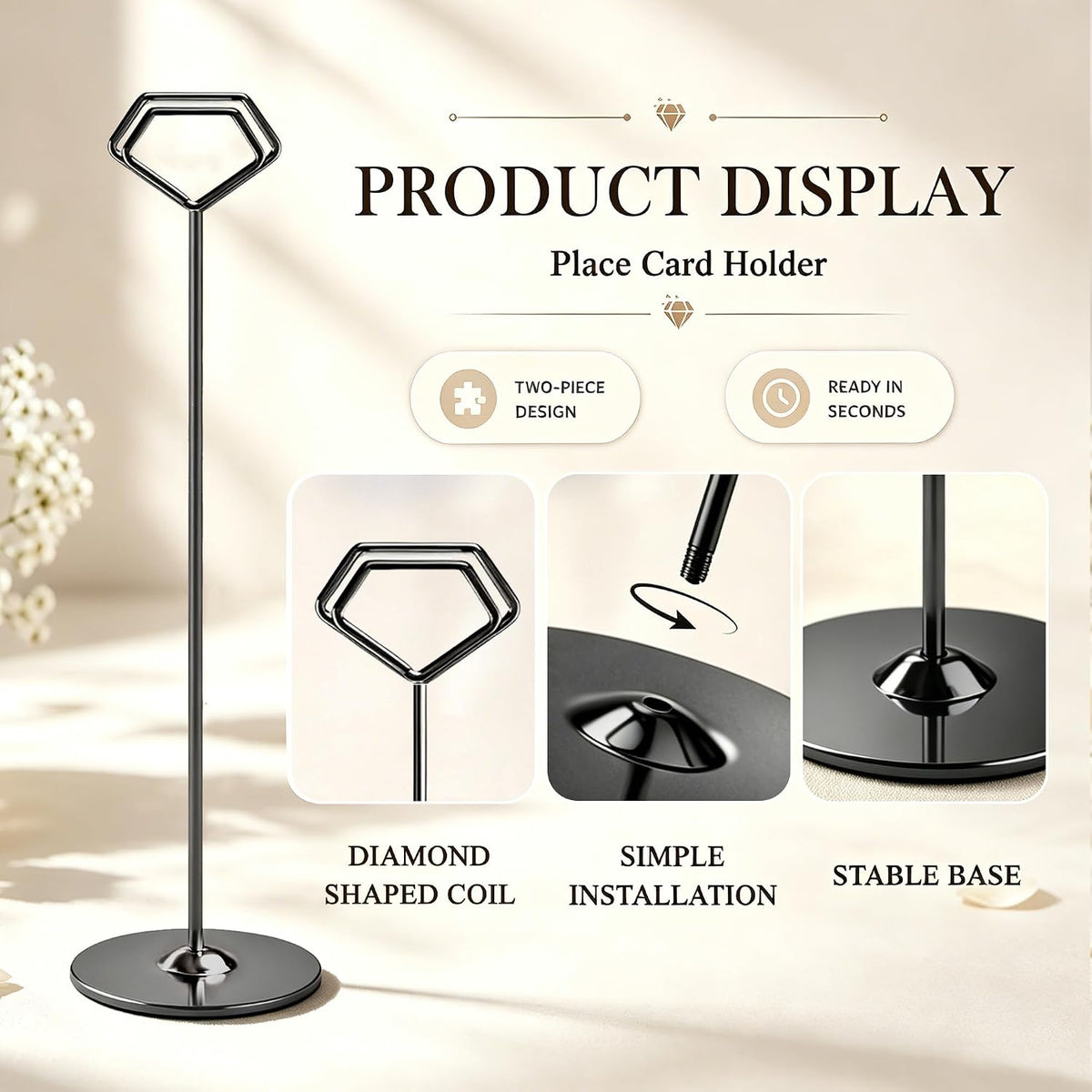 16 Pack 12 Inch Table Number Holders, Black Diamond Place Card Holders | Steel Table Card Stands for Weddings