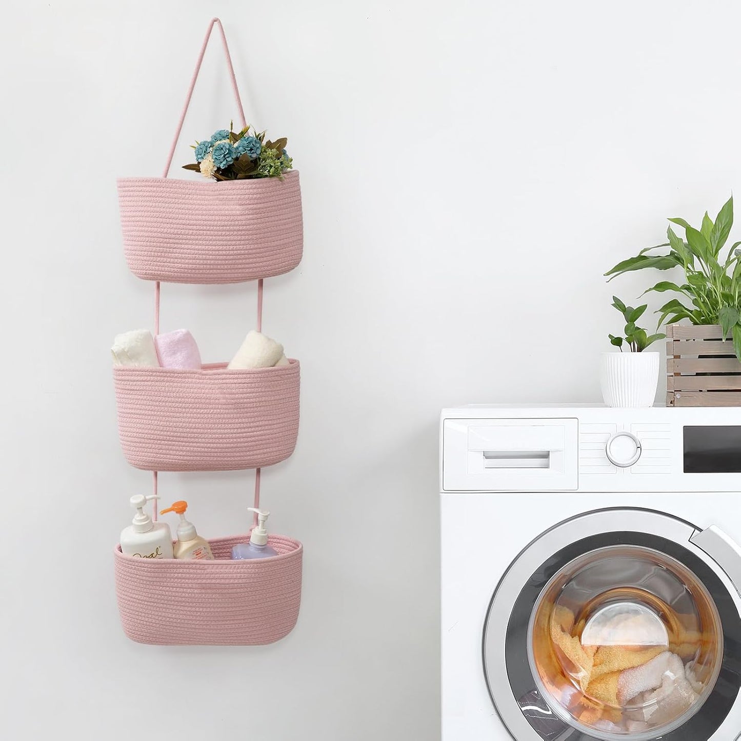 3-Tier Woven Cotton Wall-Mounted Storage Organizer Bag Decorative Hanging Nursery / Pink