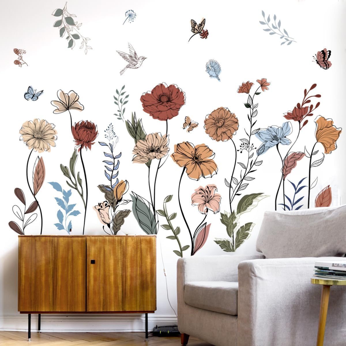 Boho Wildflower Wall Stickers Peel and Stick Floral Wall Decals for Girls Bedroom / Boho Floral