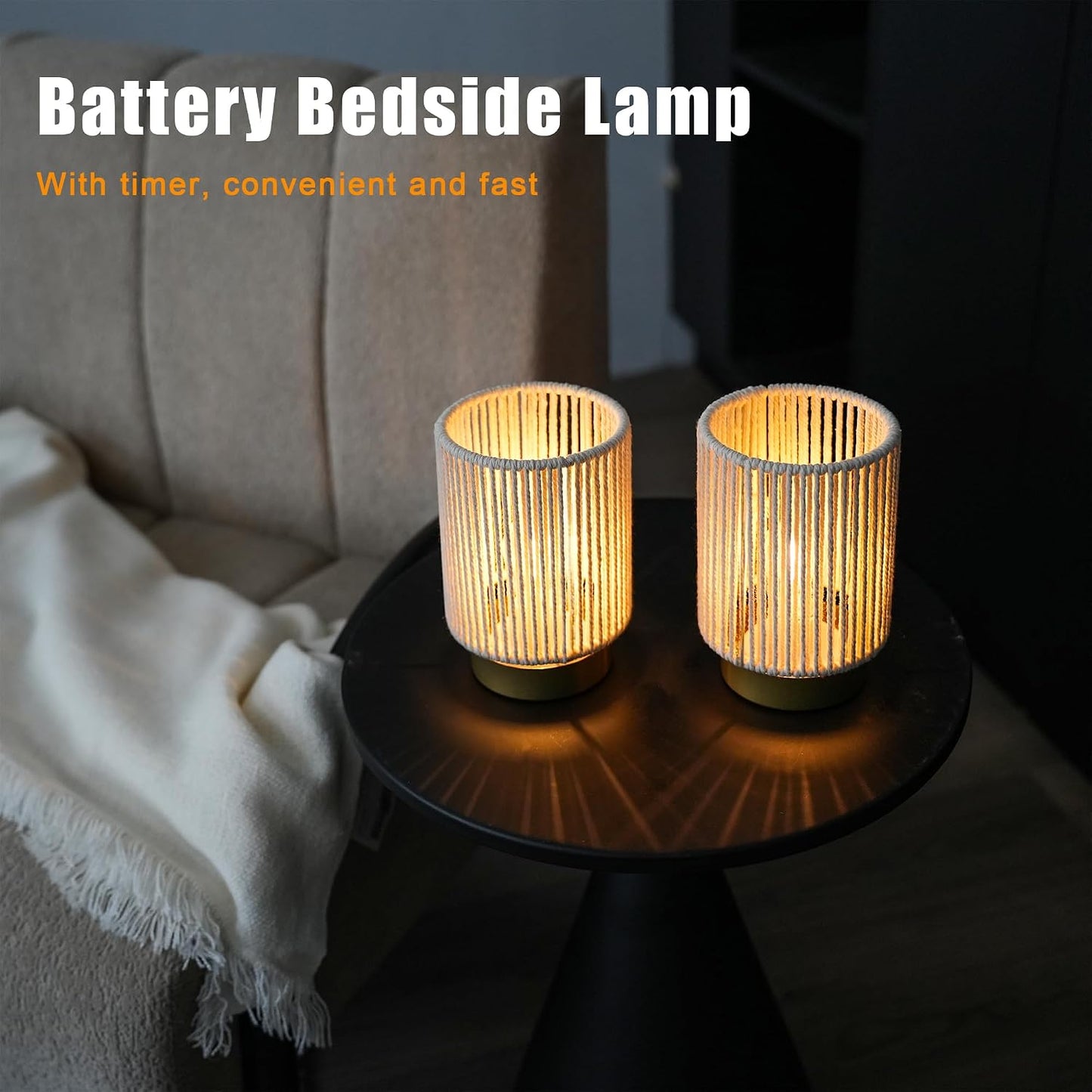 JHY DESIGN Set of 2 Braided Cotton Rope Table Lamp 6.5" Tall Battery Operated Lamp with 6 Hours Timer Beside Lamps