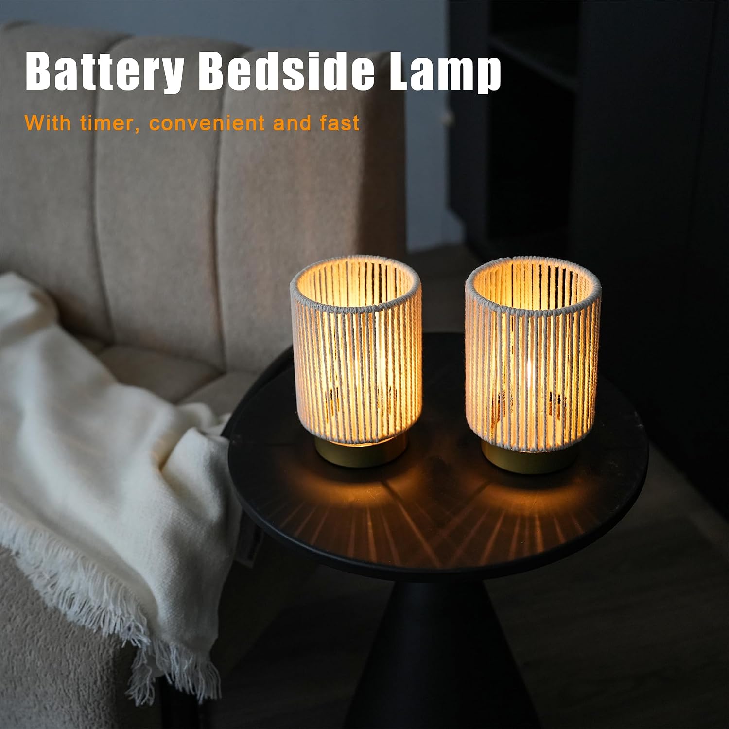 JHY DESIGN Set of 2 Braided Cotton Rope Table Lamp 6.5" Tall Battery Operated Lamp with 6 Hours Timer Beside Lamps