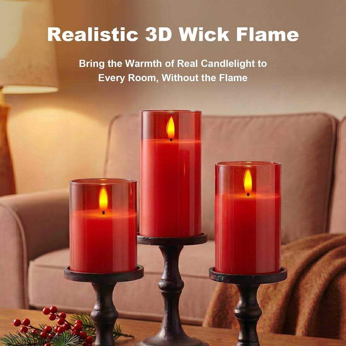 Amagic Red Glass Flameless LED Candles Battery Operated with Remote Timer | Real Wax Pillar Electric Candle, 3D