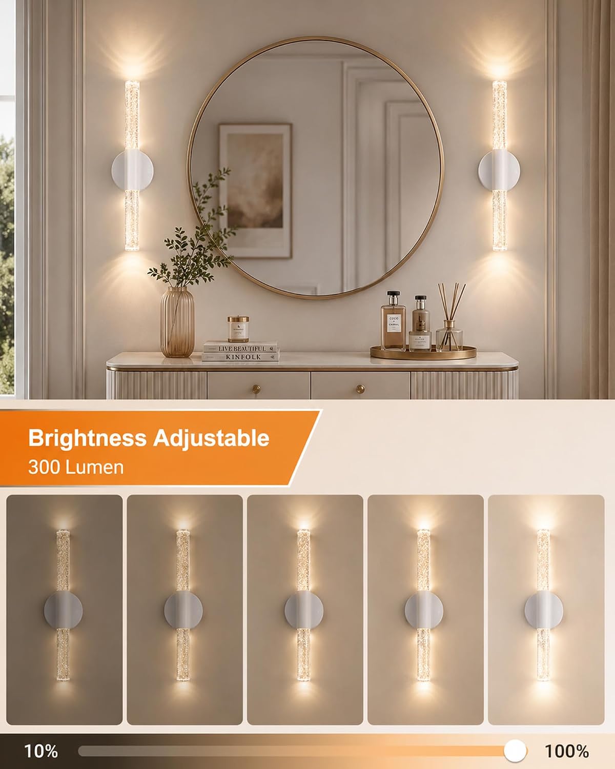 White Rechargeable Wall Sconces Set of 2, Wireless Wall Lights | White Battery Operated Wall Sconce Set with Remote &